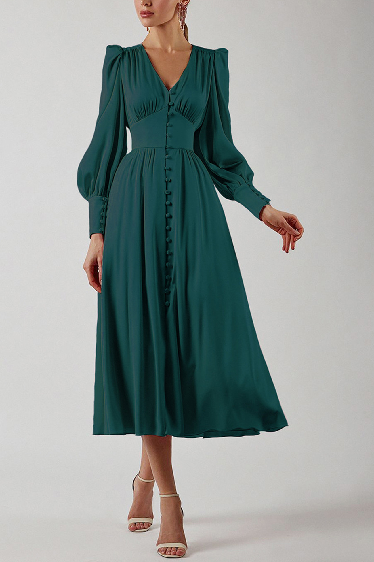 Satin Puff Sleeve Single-breasted Midi Dress