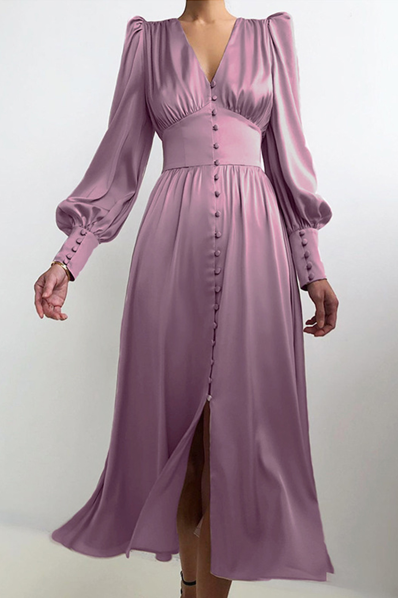 Satin Puff Sleeve Single-breasted Midi Dress