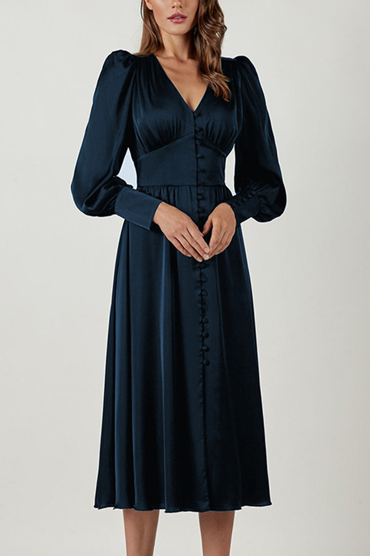 Satin Puff Sleeve Single-breasted Midi Dress