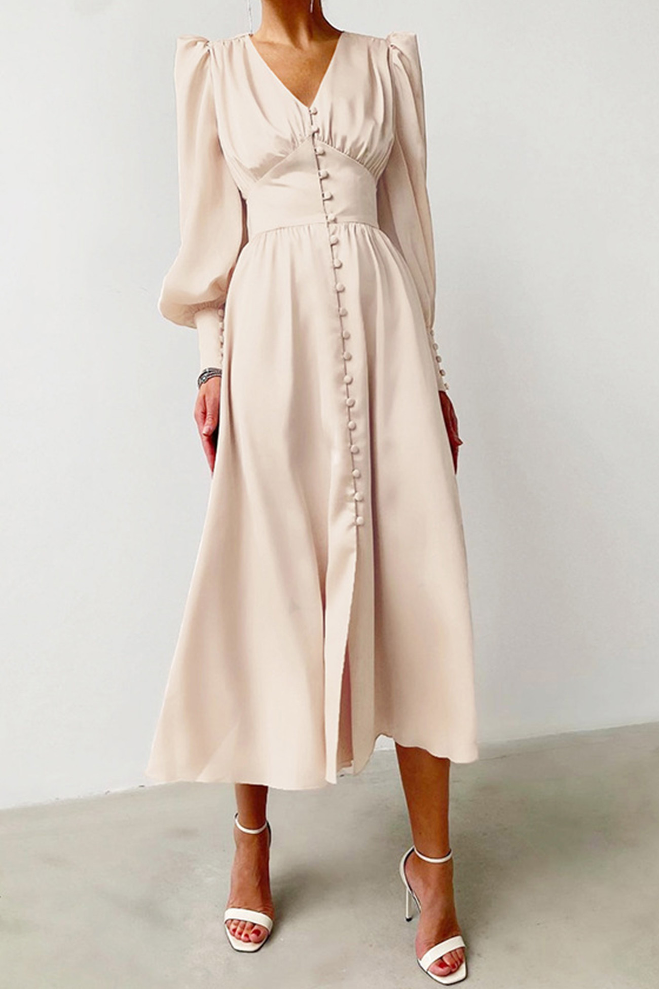 Satin Puff Sleeve Single-breasted Midi Dress