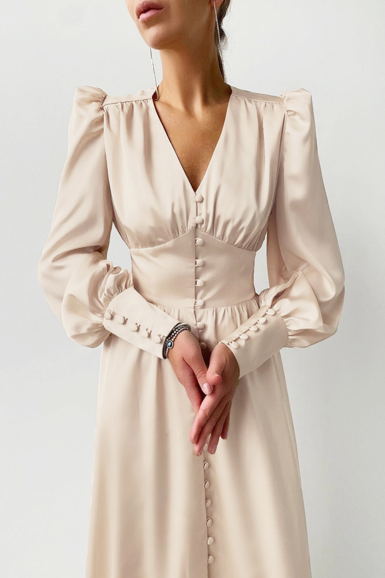 Satin Puff Sleeve Single-breasted Midi Dress