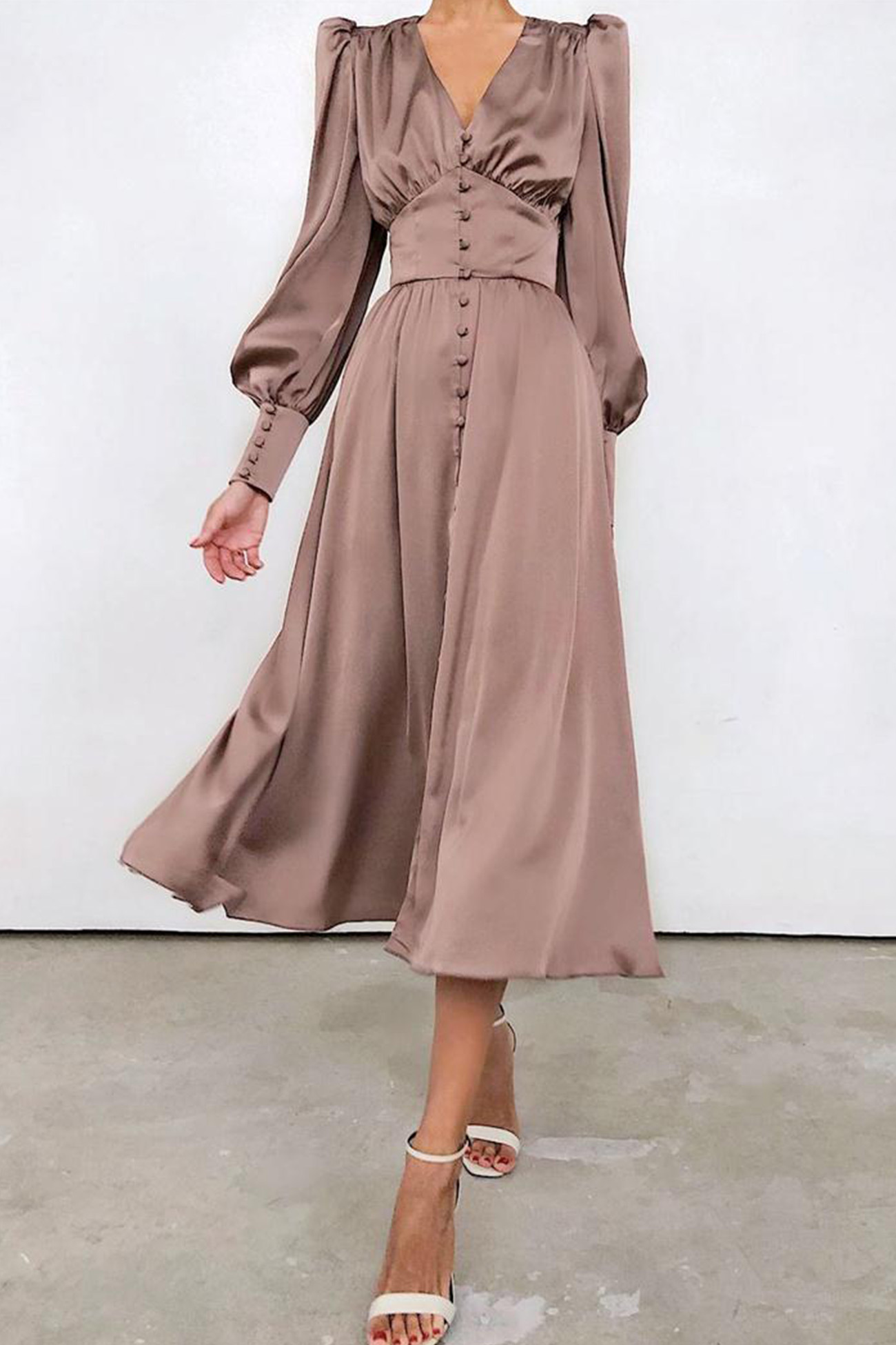 Satin Puff Sleeve Single-breasted Midi Dress