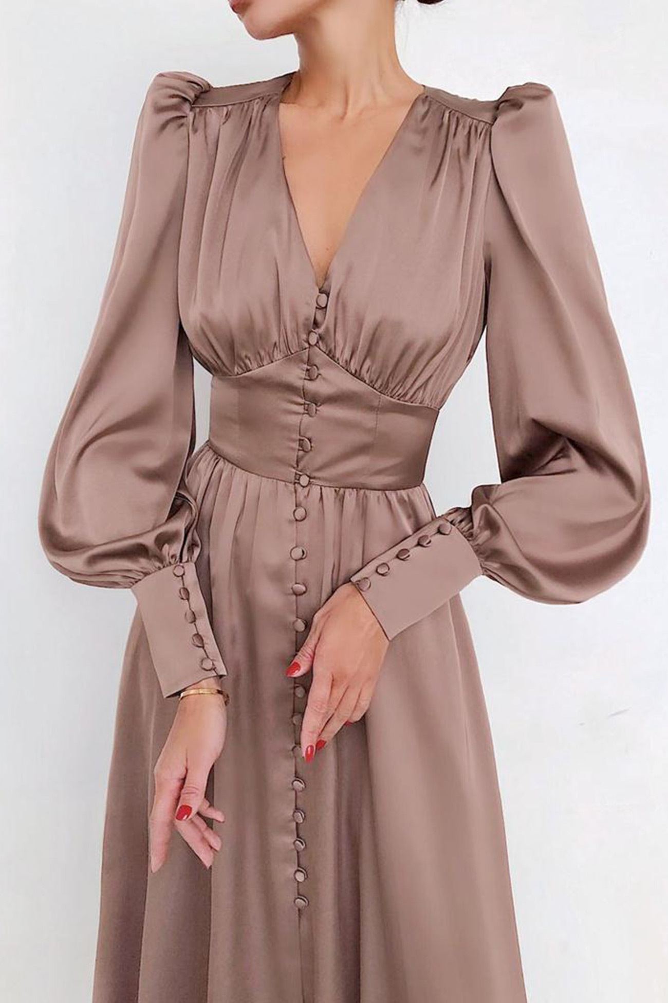 Satin Puff Sleeve Single-breasted Midi Dress