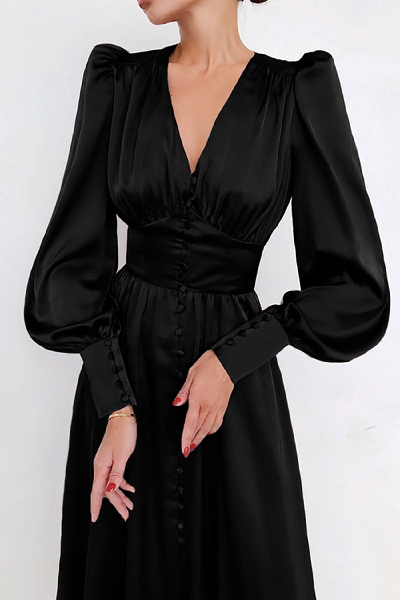 Satin Puff Sleeve Single-breasted Midi Dress