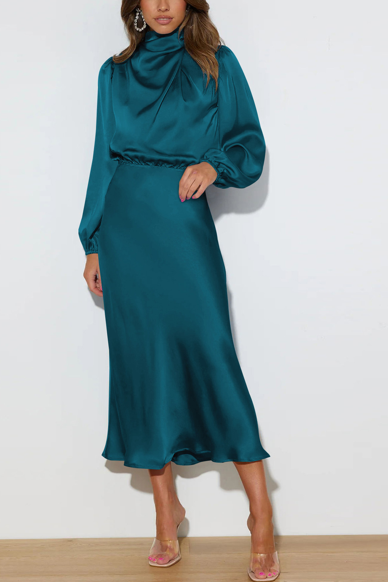 Satin Stacked Collar Lantern Sleeve Dress