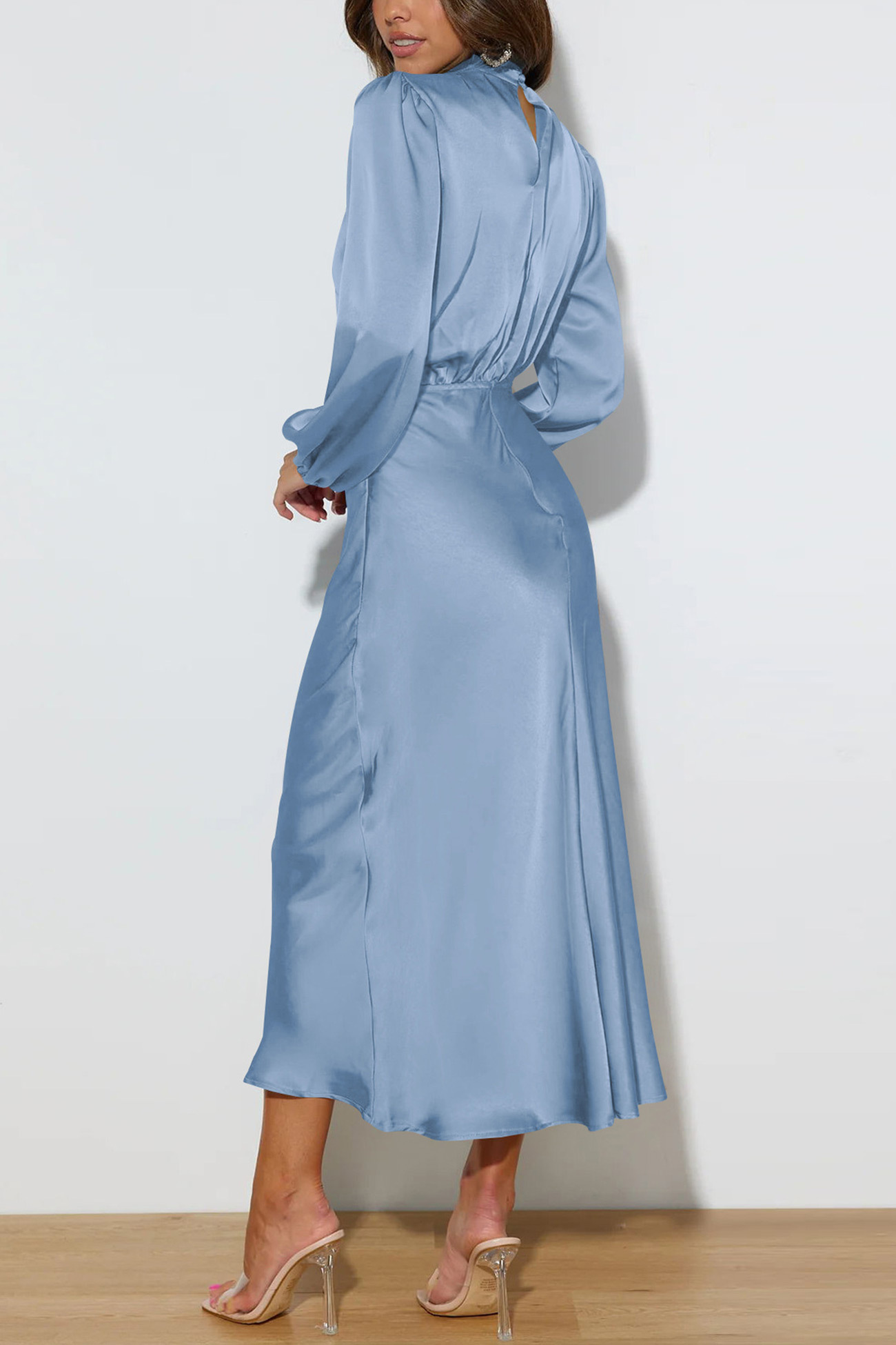 Satin Stacked Collar Lantern Sleeve Dress