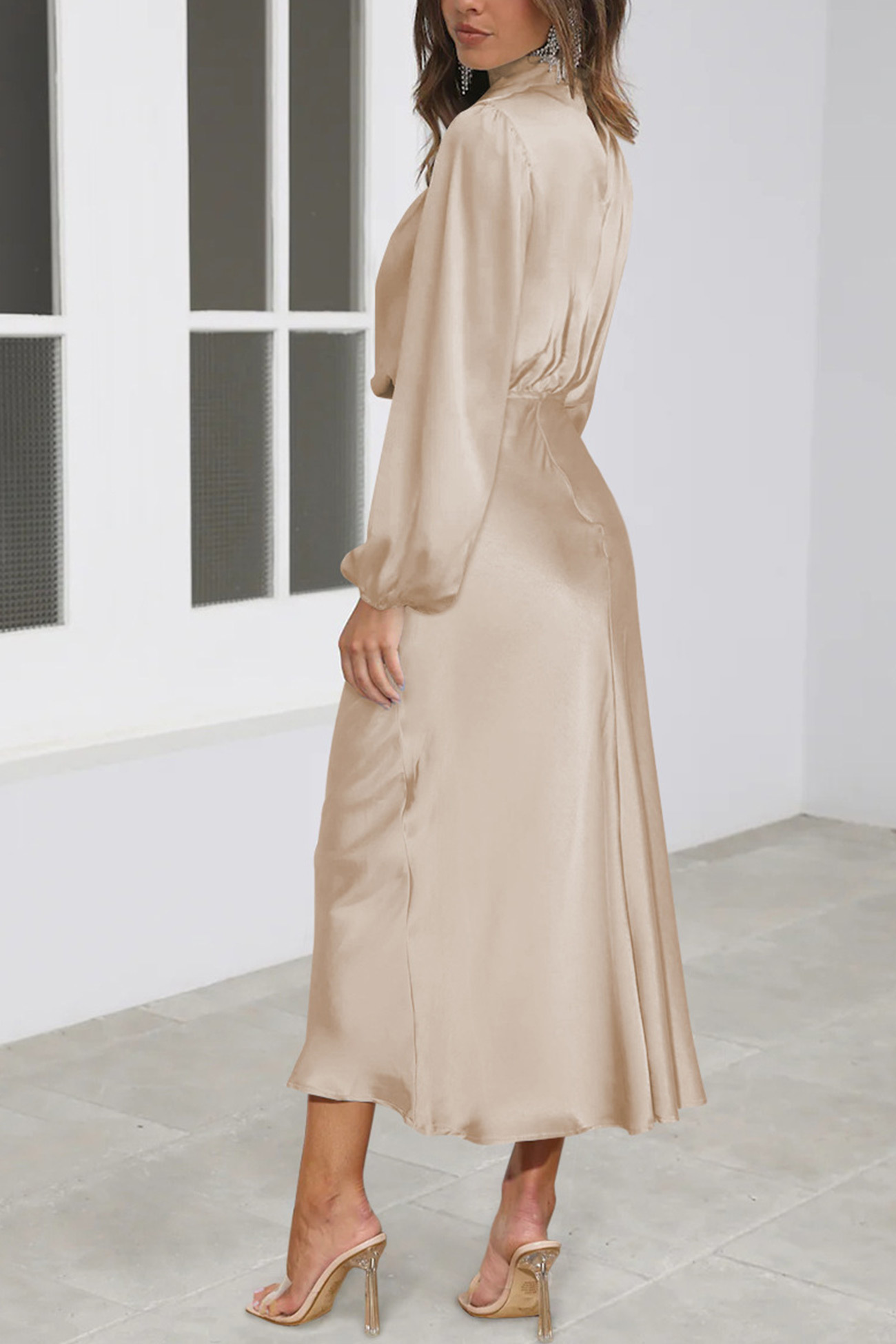 Satin Stacked Collar Lantern Sleeve Dress
