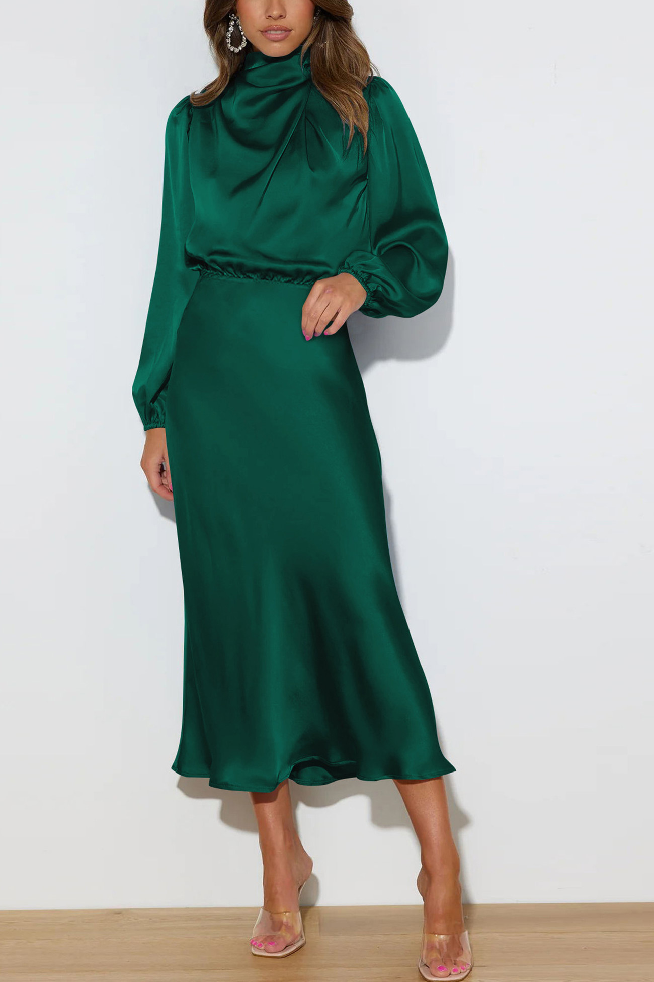 Satin Stacked Collar Lantern Sleeve Dress