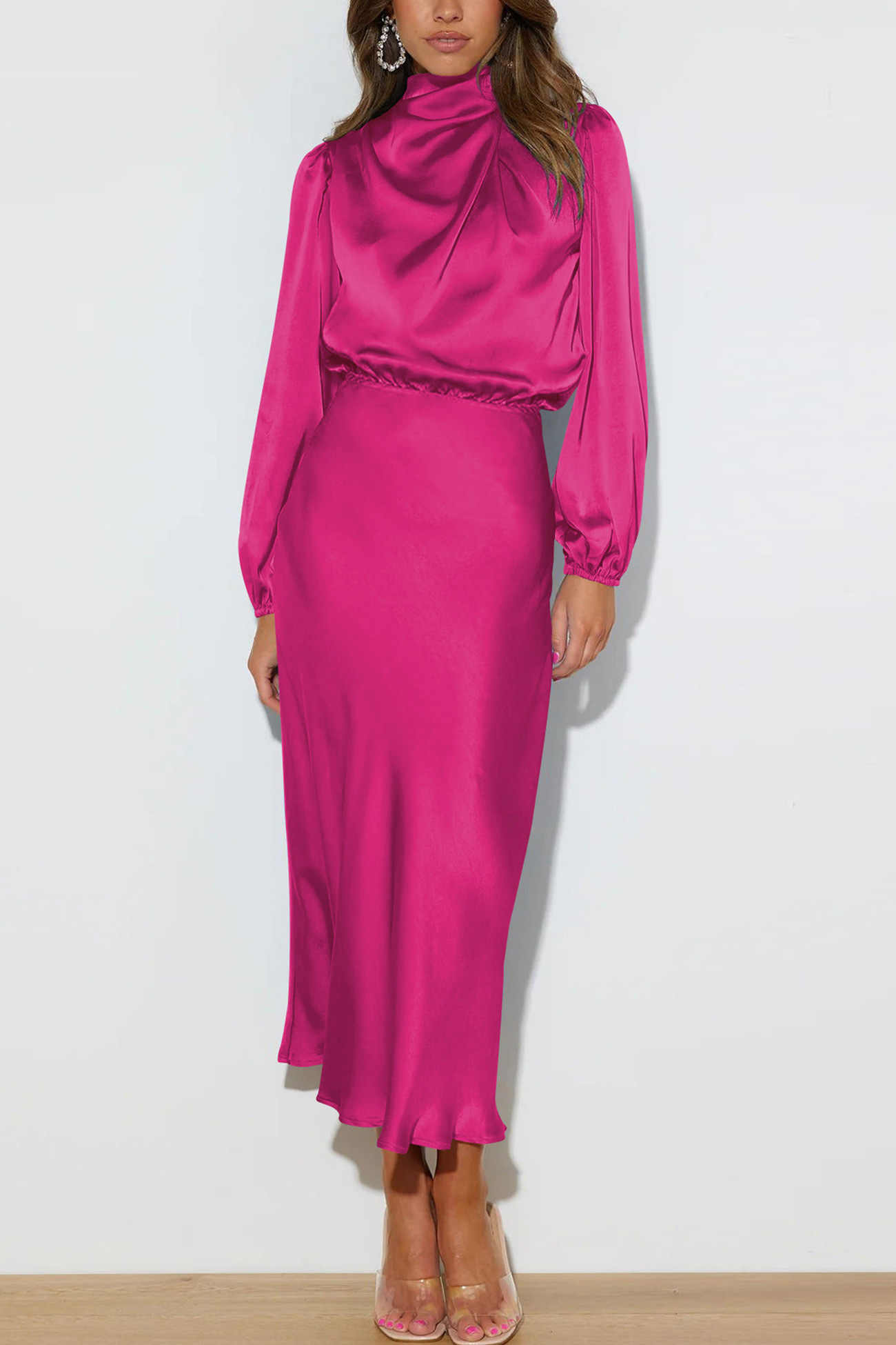 Satin Stacked Collar Lantern Sleeve Dress