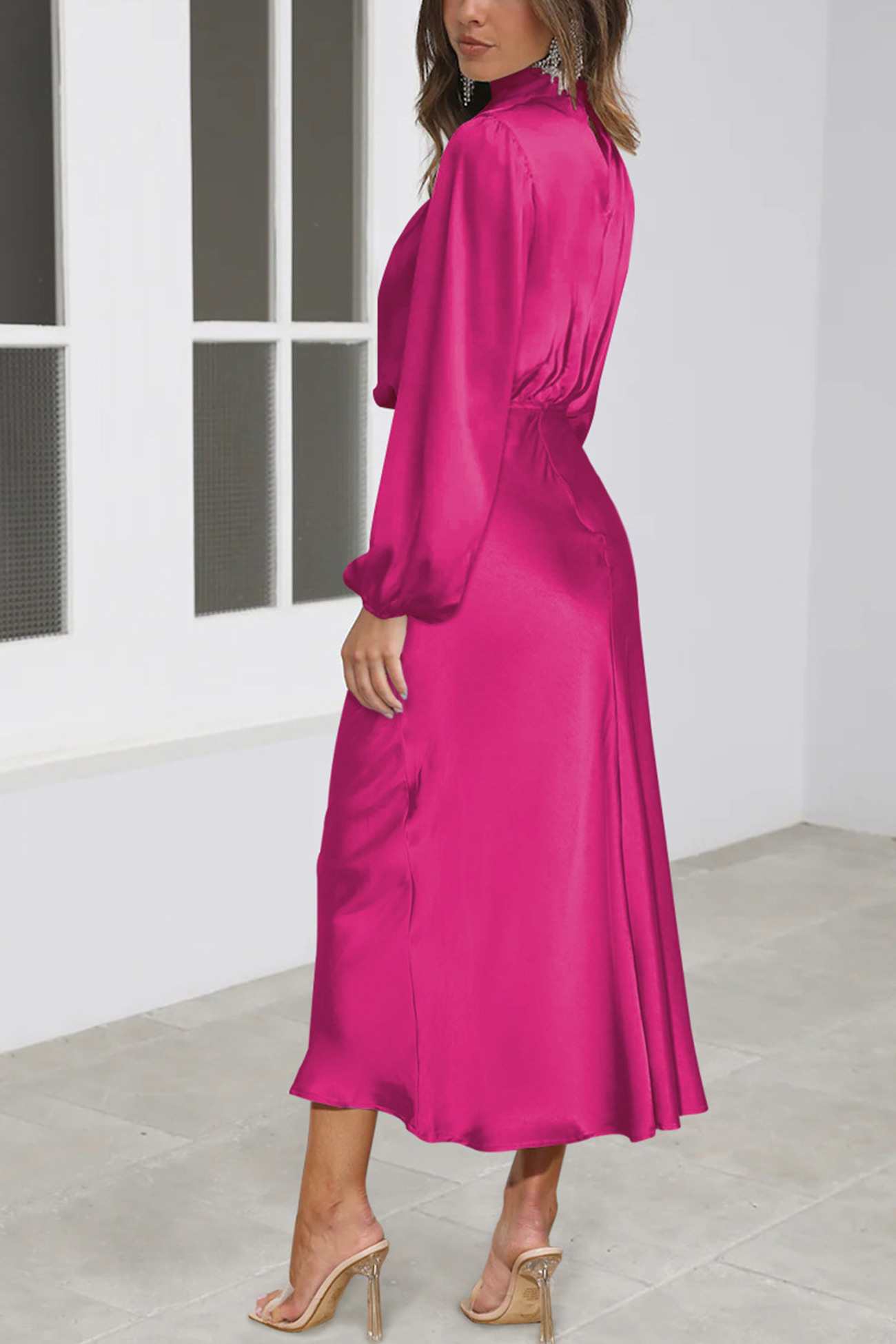 Satin Stacked Collar Lantern Sleeve Dress