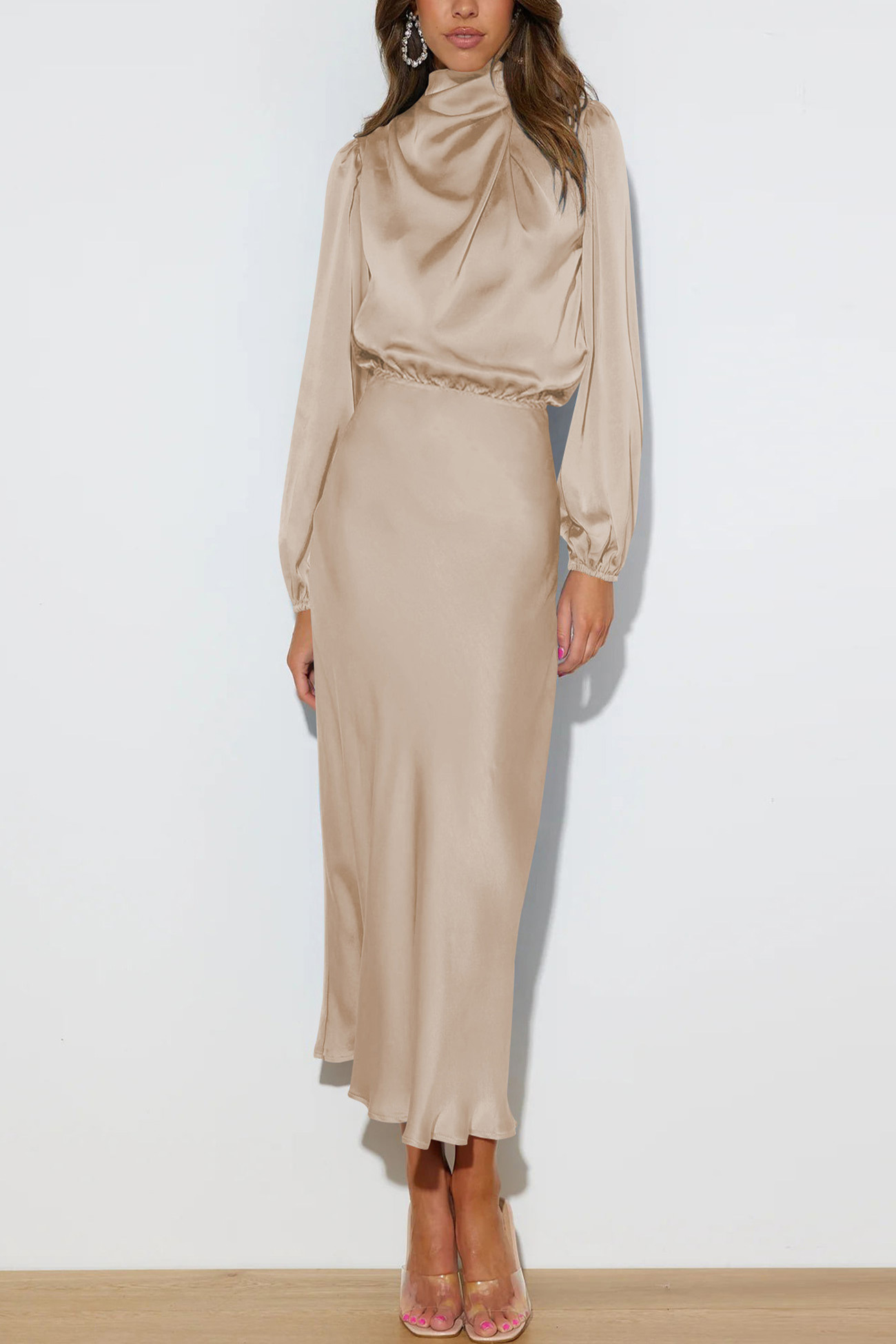 Satin Stacked Collar Lantern Sleeve Dress