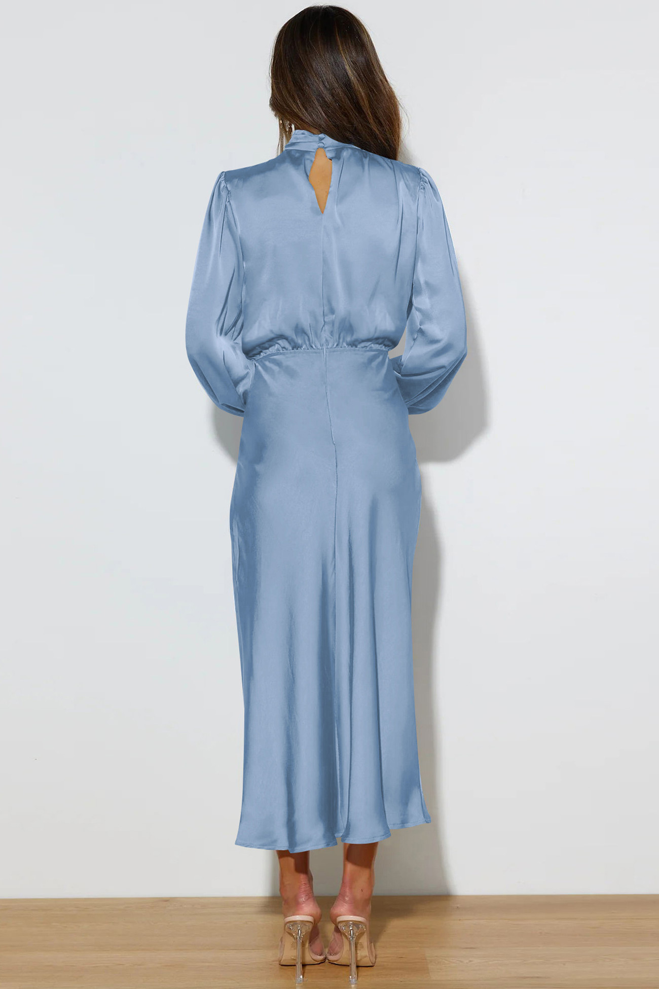 Satin Stacked Collar Lantern Sleeve Dress