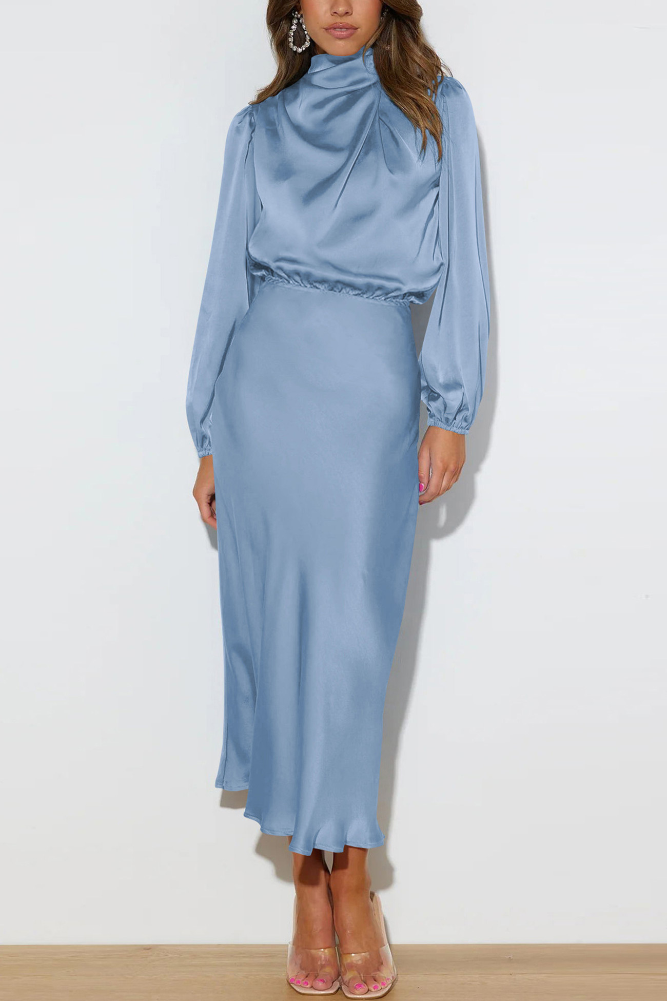 Satin Stacked Collar Lantern Sleeve Dress