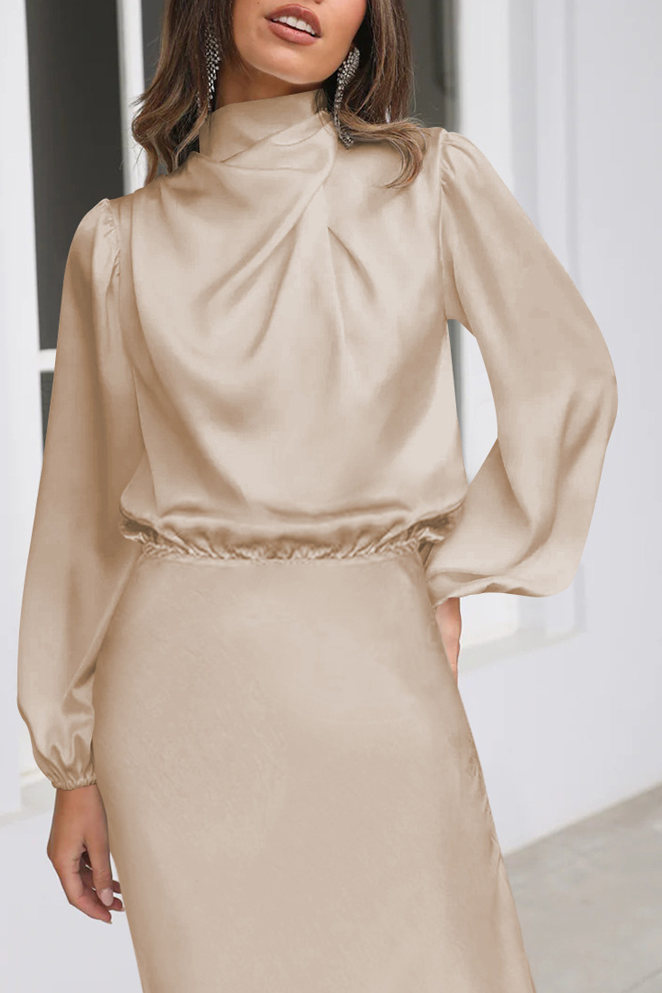 Satin Stacked Collar Lantern Sleeve Dress