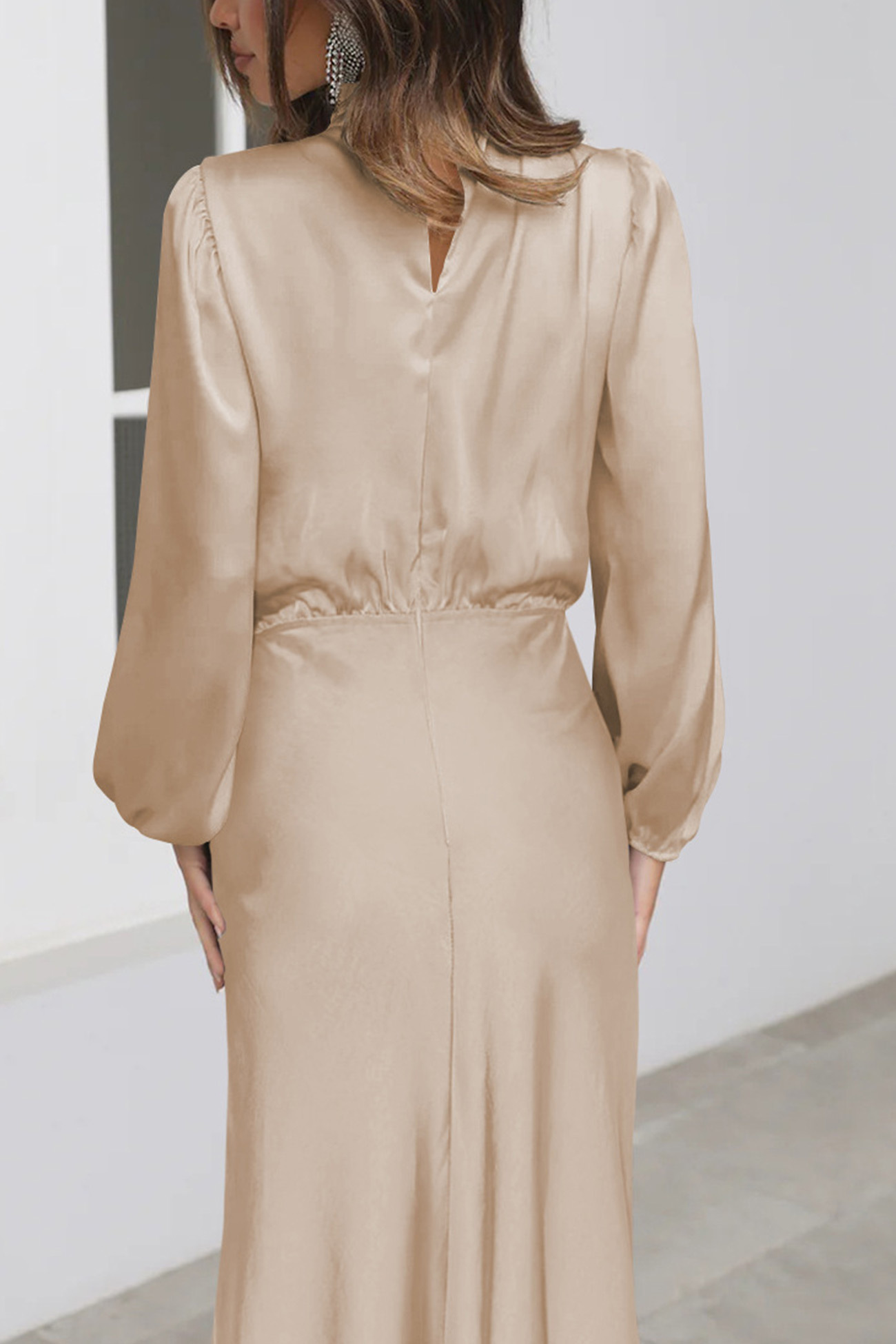 Satin Stacked Collar Lantern Sleeve Dress