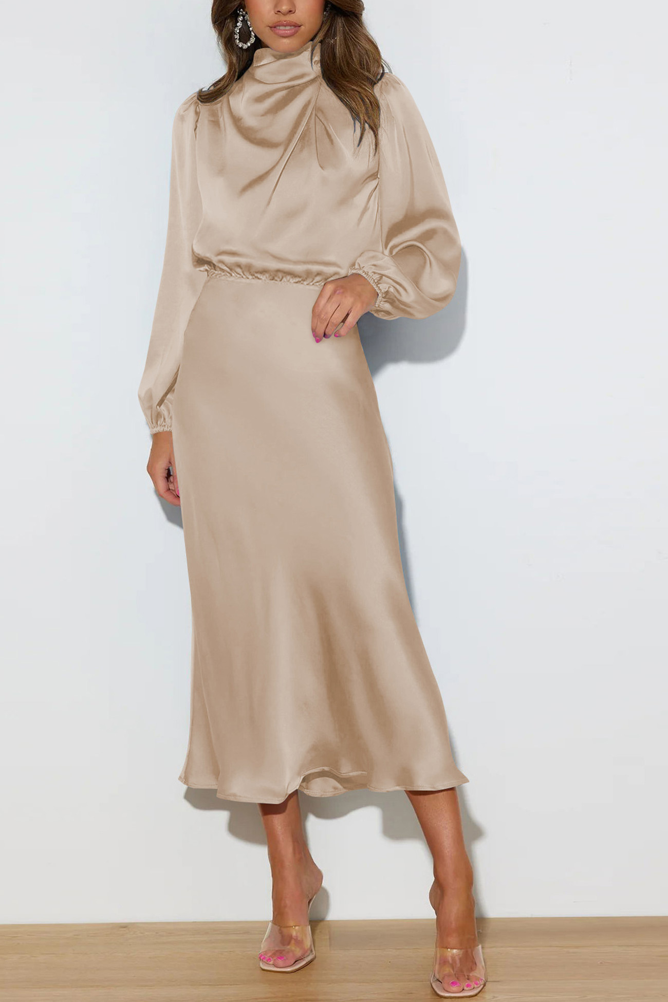 Satin Stacked Collar Lantern Sleeve Dress