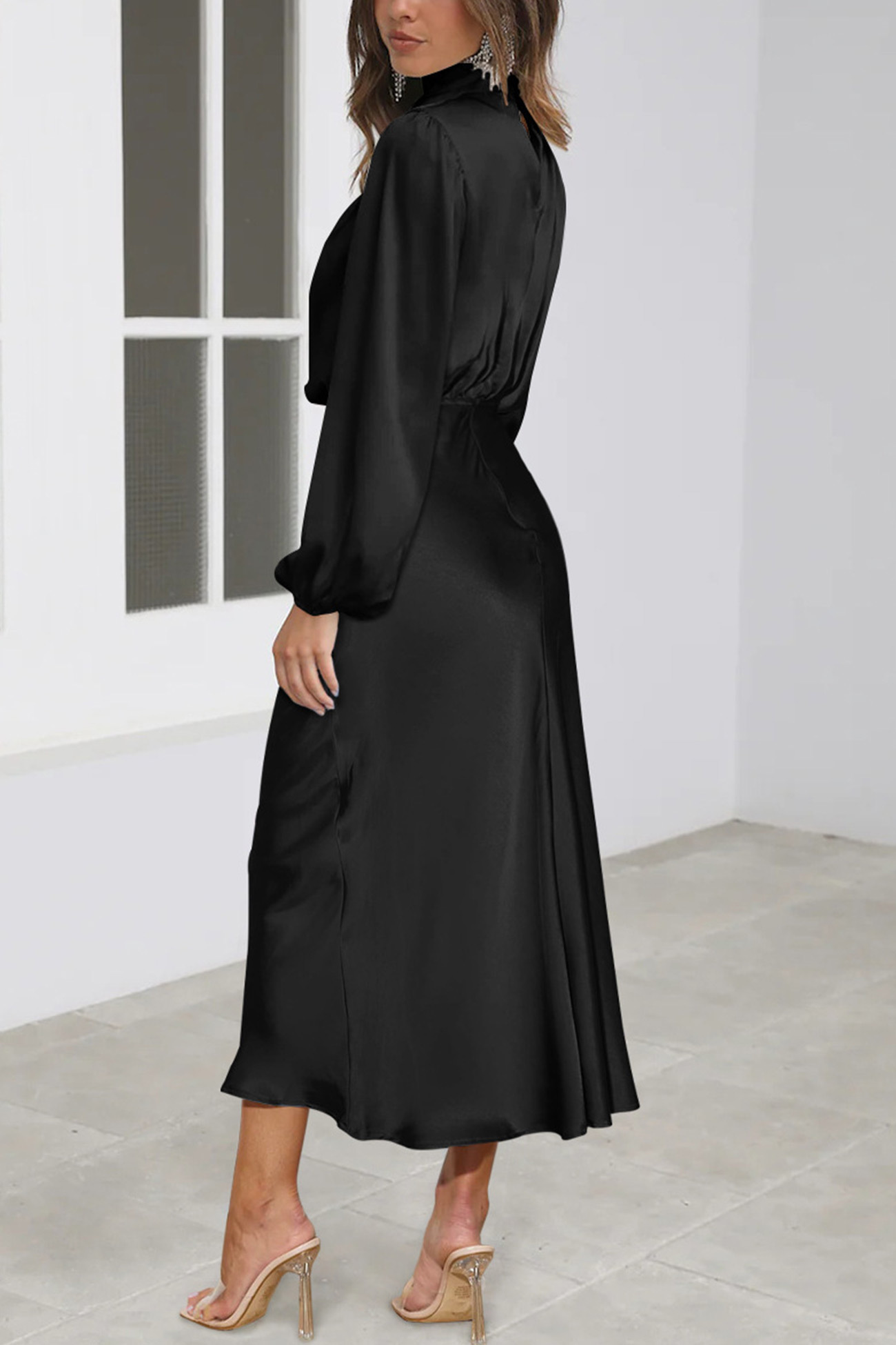 Satin Stacked Collar Lantern Sleeve Dress