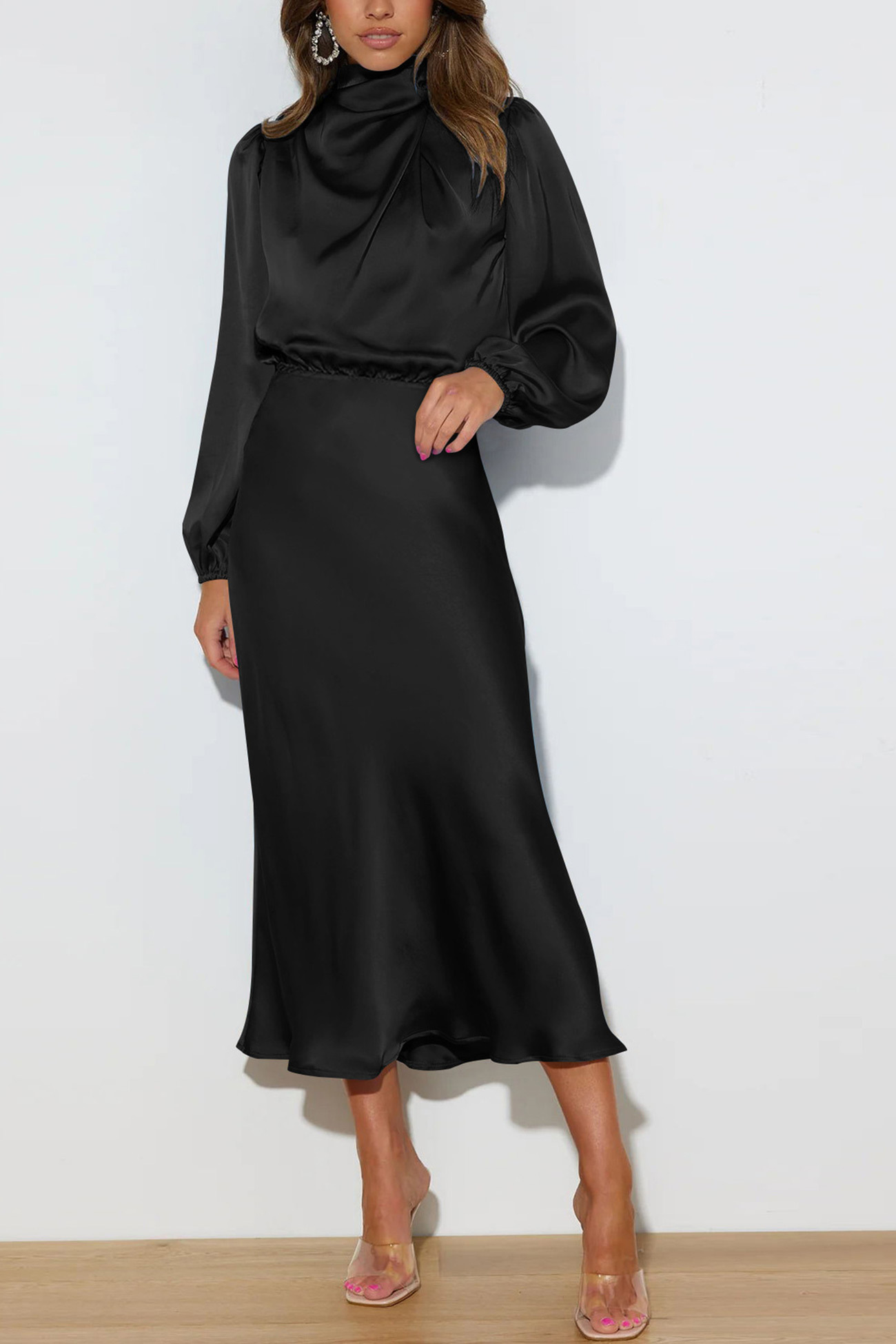 Satin Stacked Collar Lantern Sleeve Dress