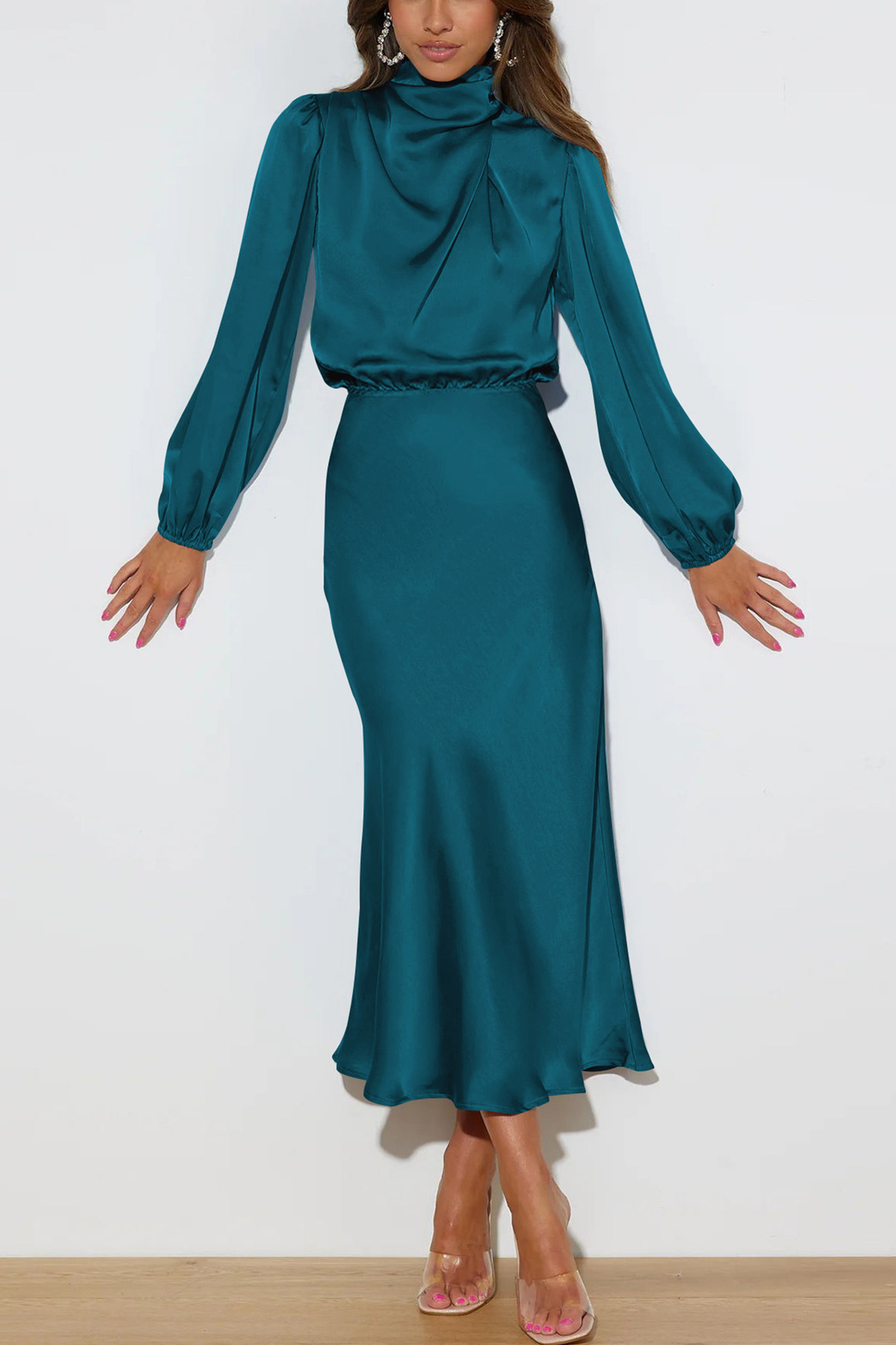 Satin Stacked Collar Lantern Sleeve Dress