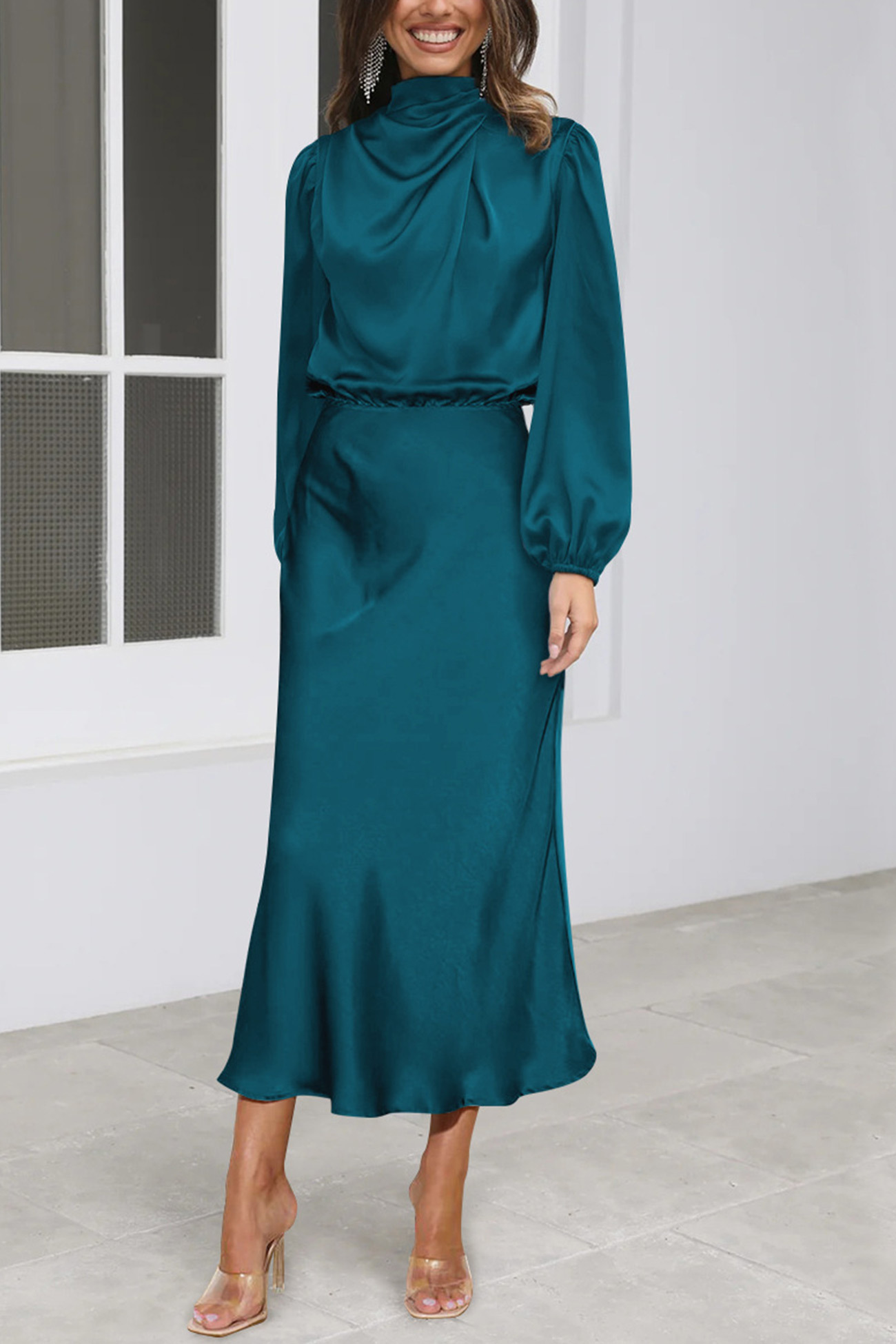 Satin Stacked Collar Lantern Sleeve Dress