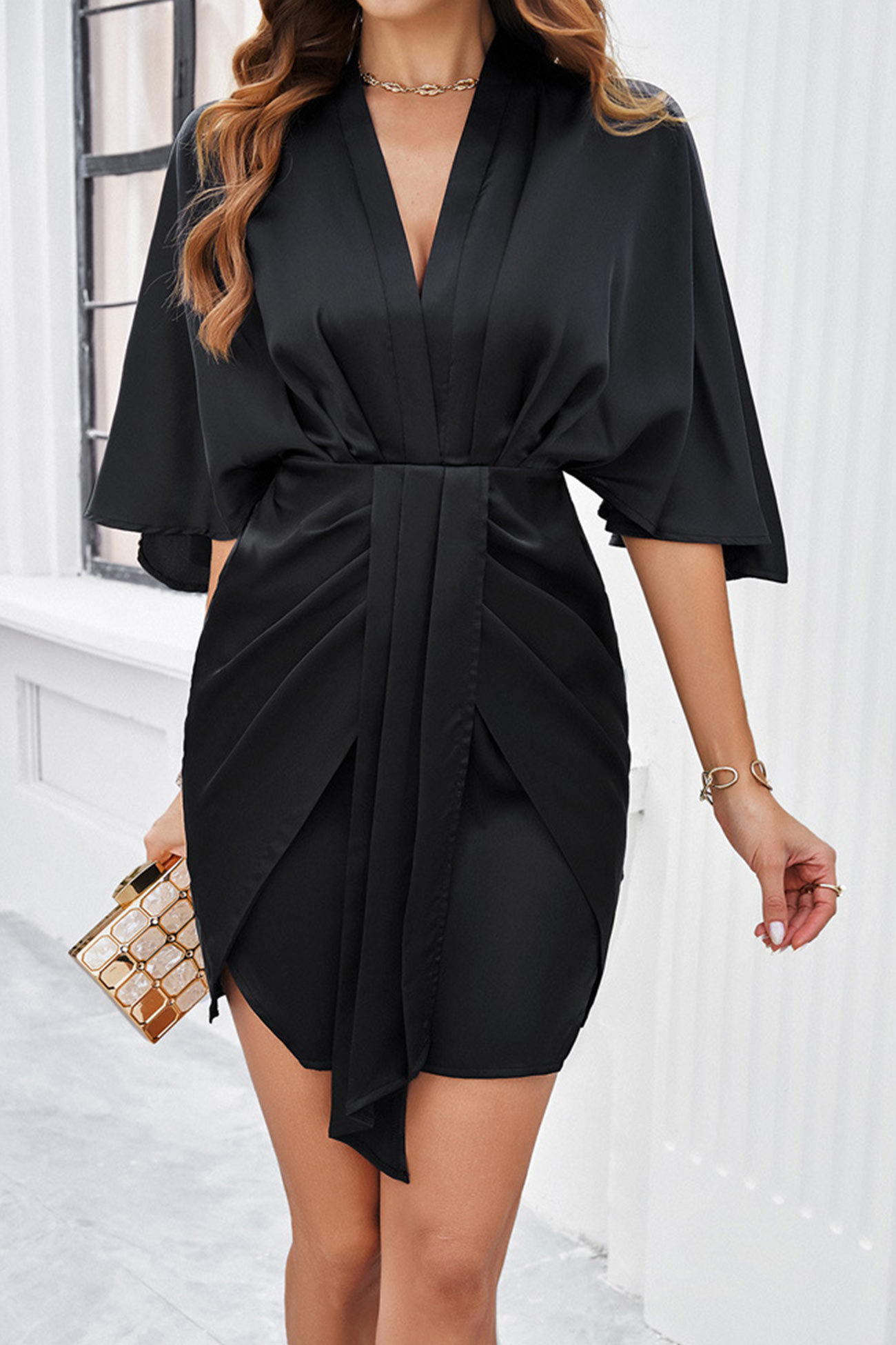 Satin V Neck Bat Sleeve Pack Hip Dress