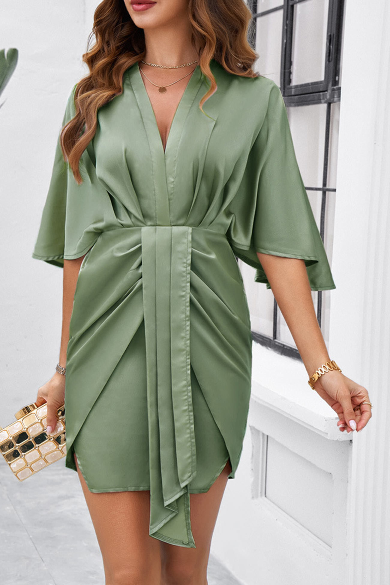Satin V Neck Bat Sleeve Pack Hip Dress