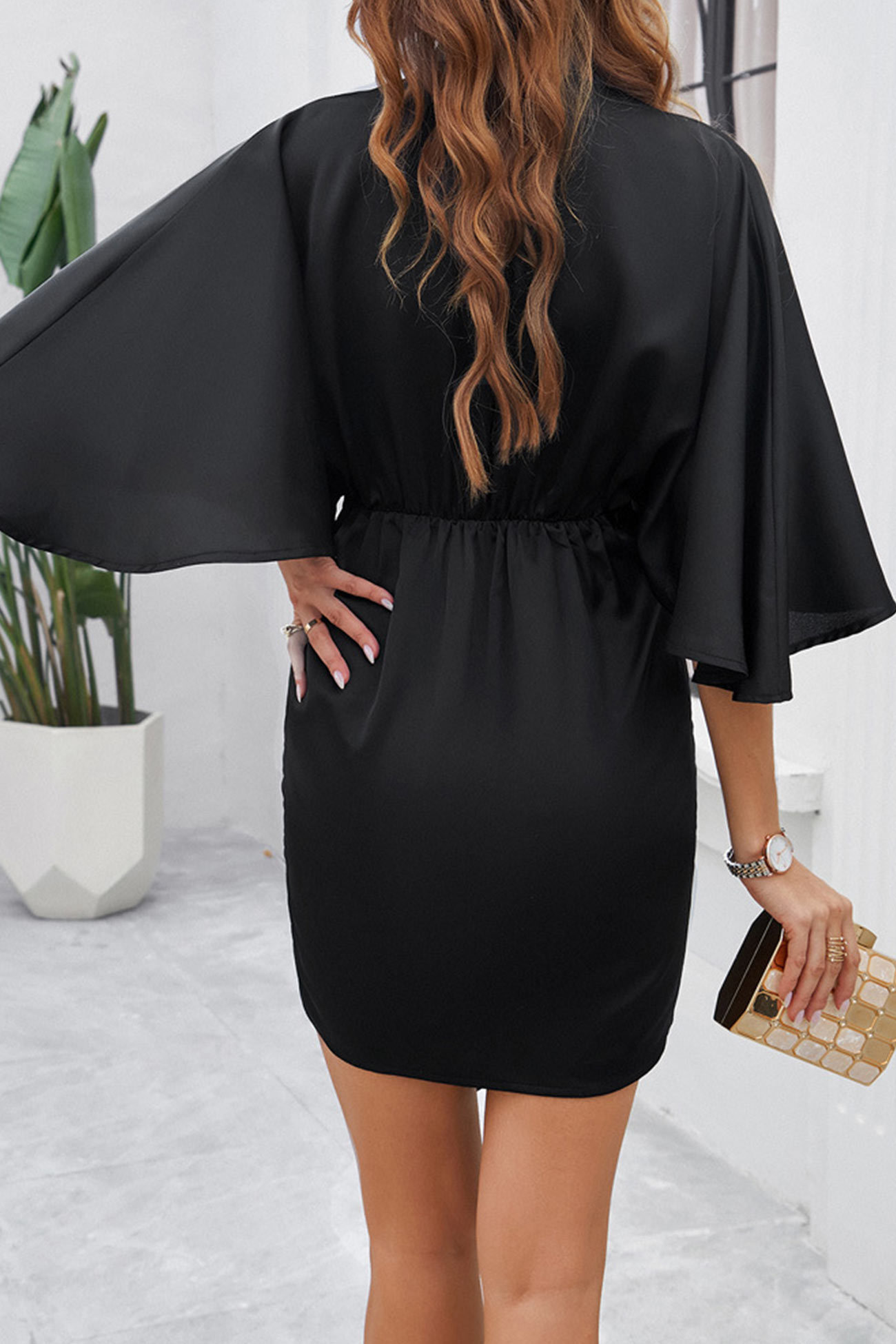Satin V Neck Bat Sleeve Pack Hip Dress