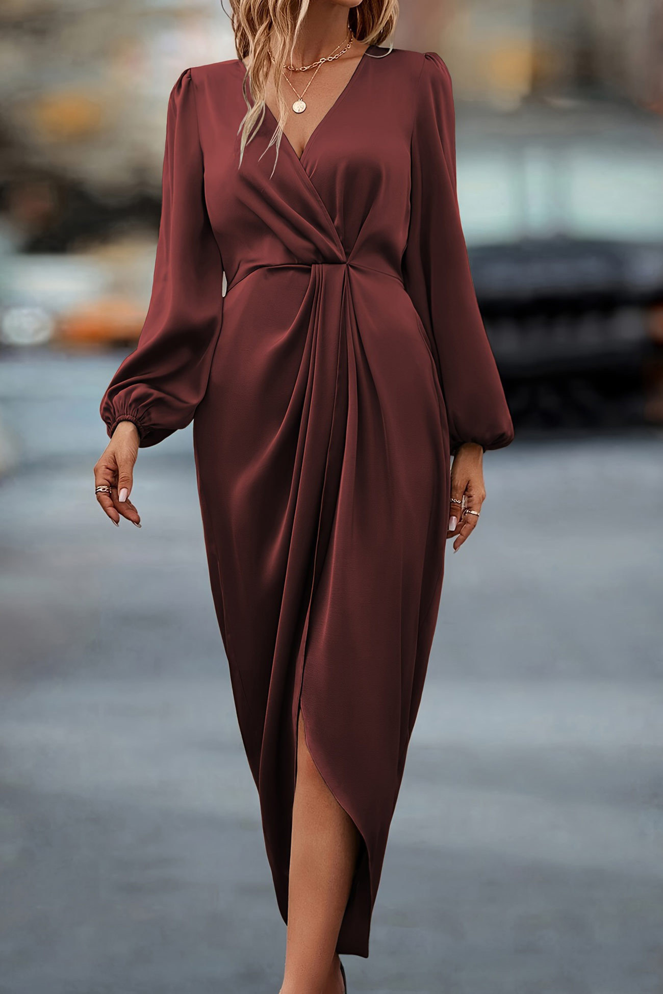 Satin V Neck Puff Sleeve Slit Dress