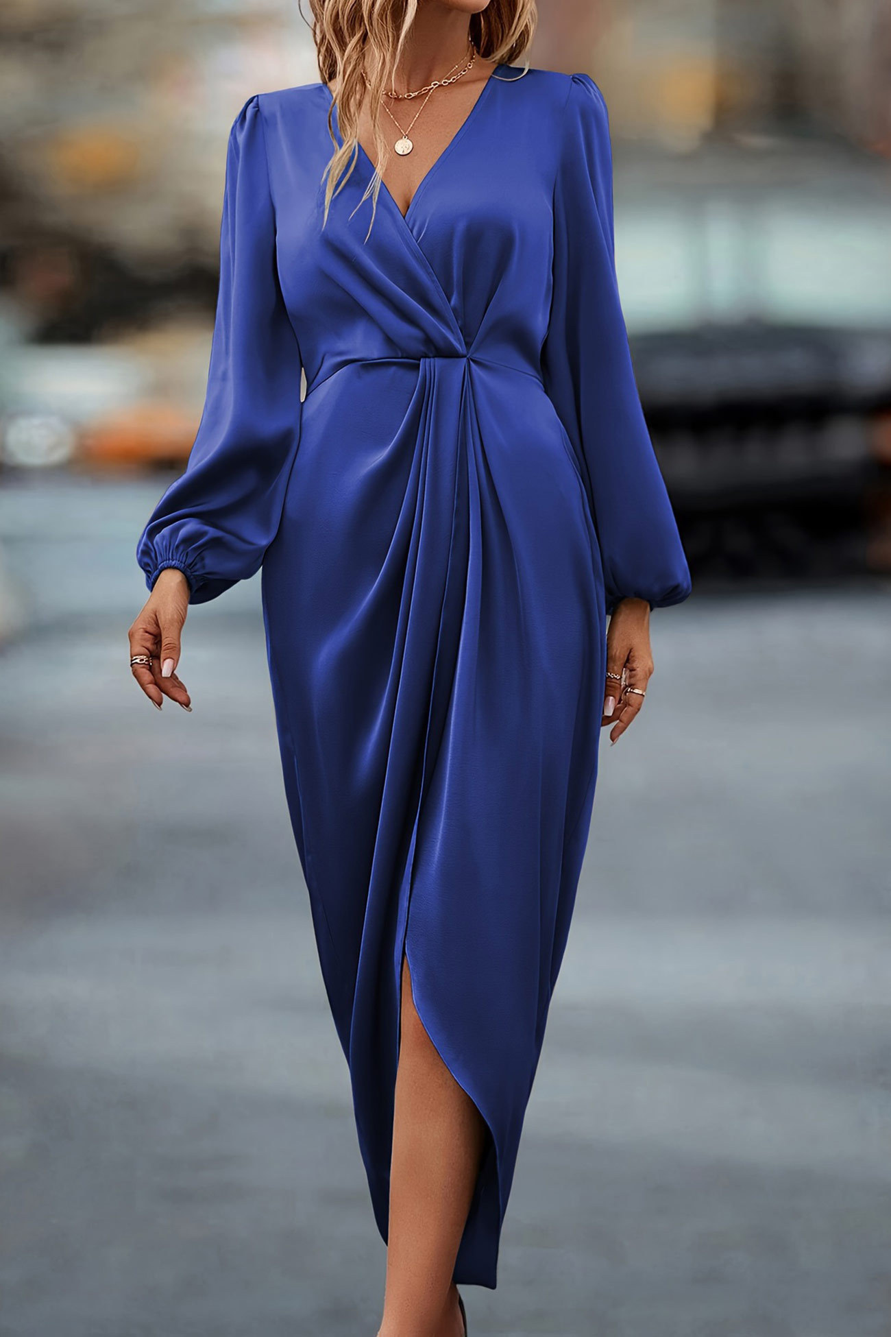 Satin V Neck Puff Sleeve Slit Dress