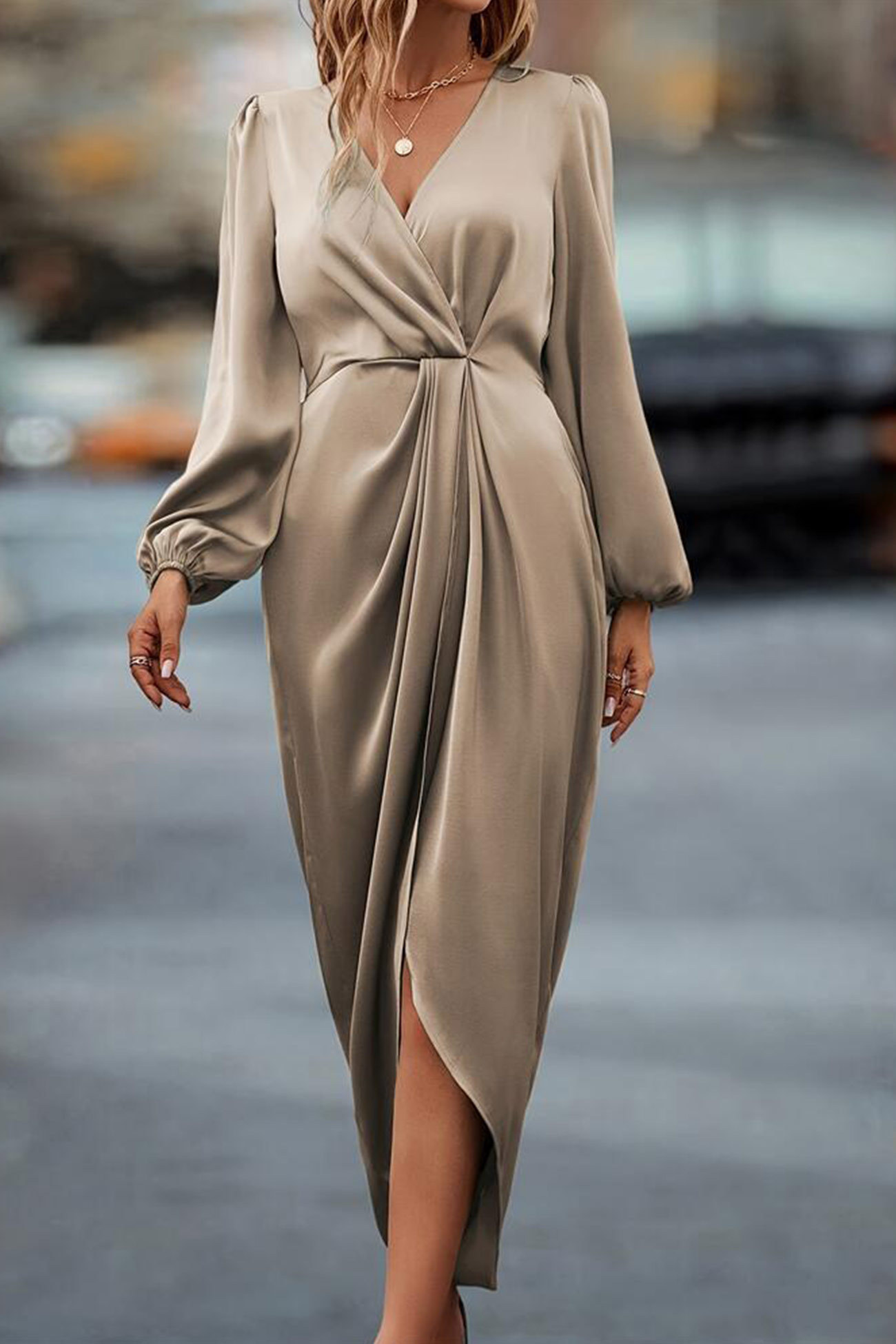 Satin V Neck Puff Sleeve Slit Dress