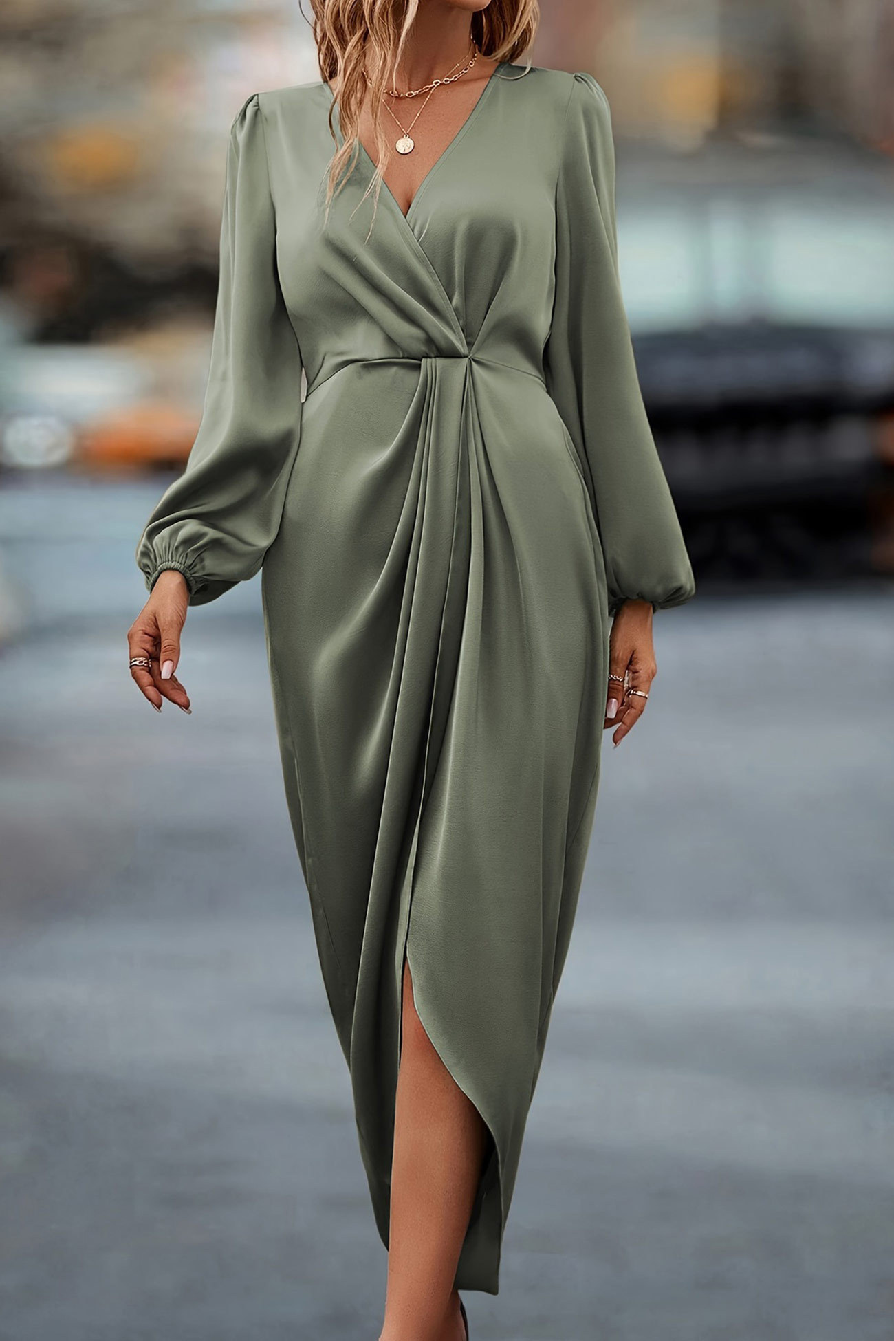Satin V Neck Puff Sleeve Slit Dress