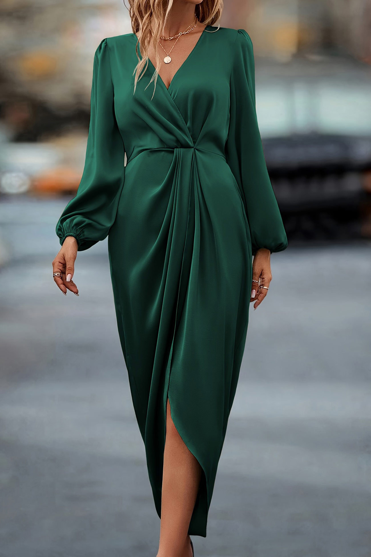 Satin V Neck Puff Sleeve Slit Dress