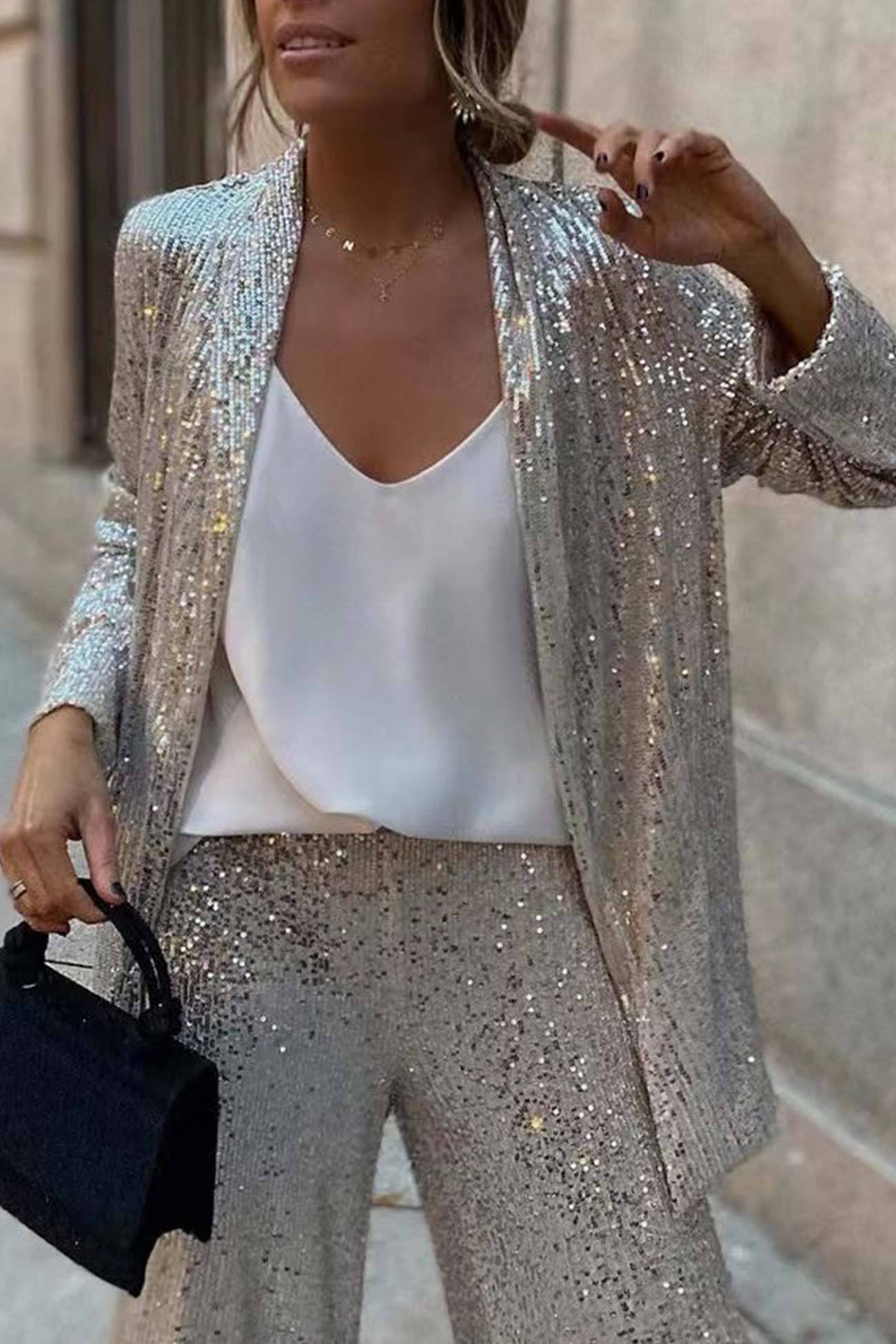 Sequin Long Sleeve Blazer Flare Long Pants Set
