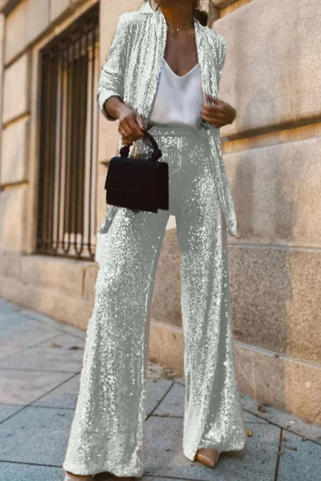 Sequin Long Sleeve Blazer Flare Long Pants Set