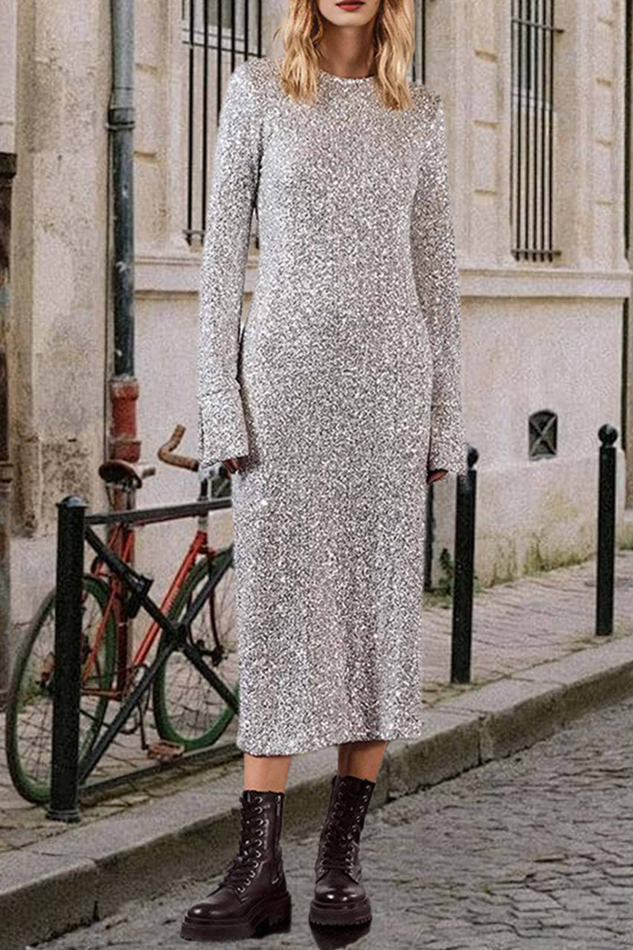 Sequin Long Sleeve Midi Dress