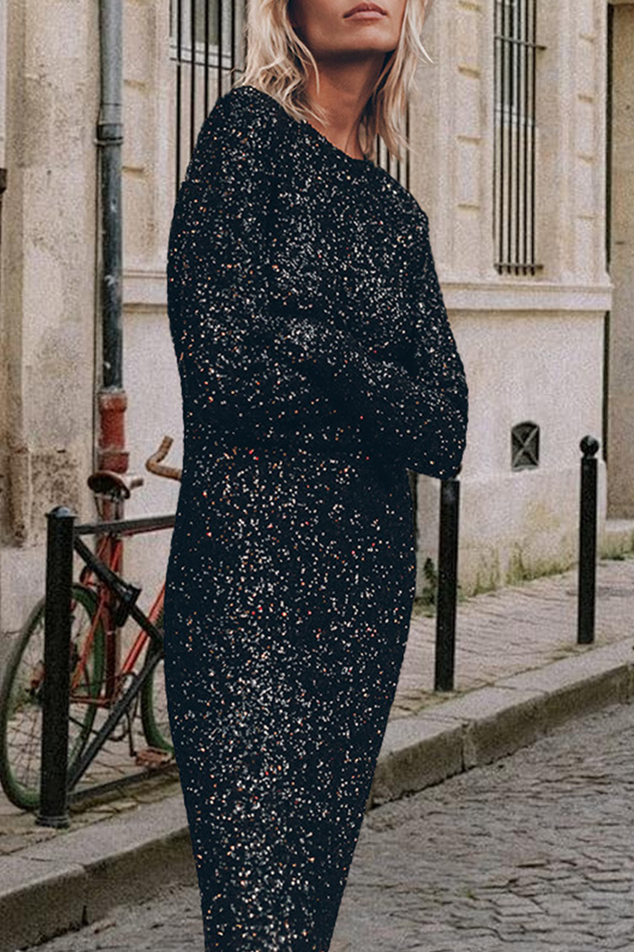 Sequin Long Sleeve Midi Dress
