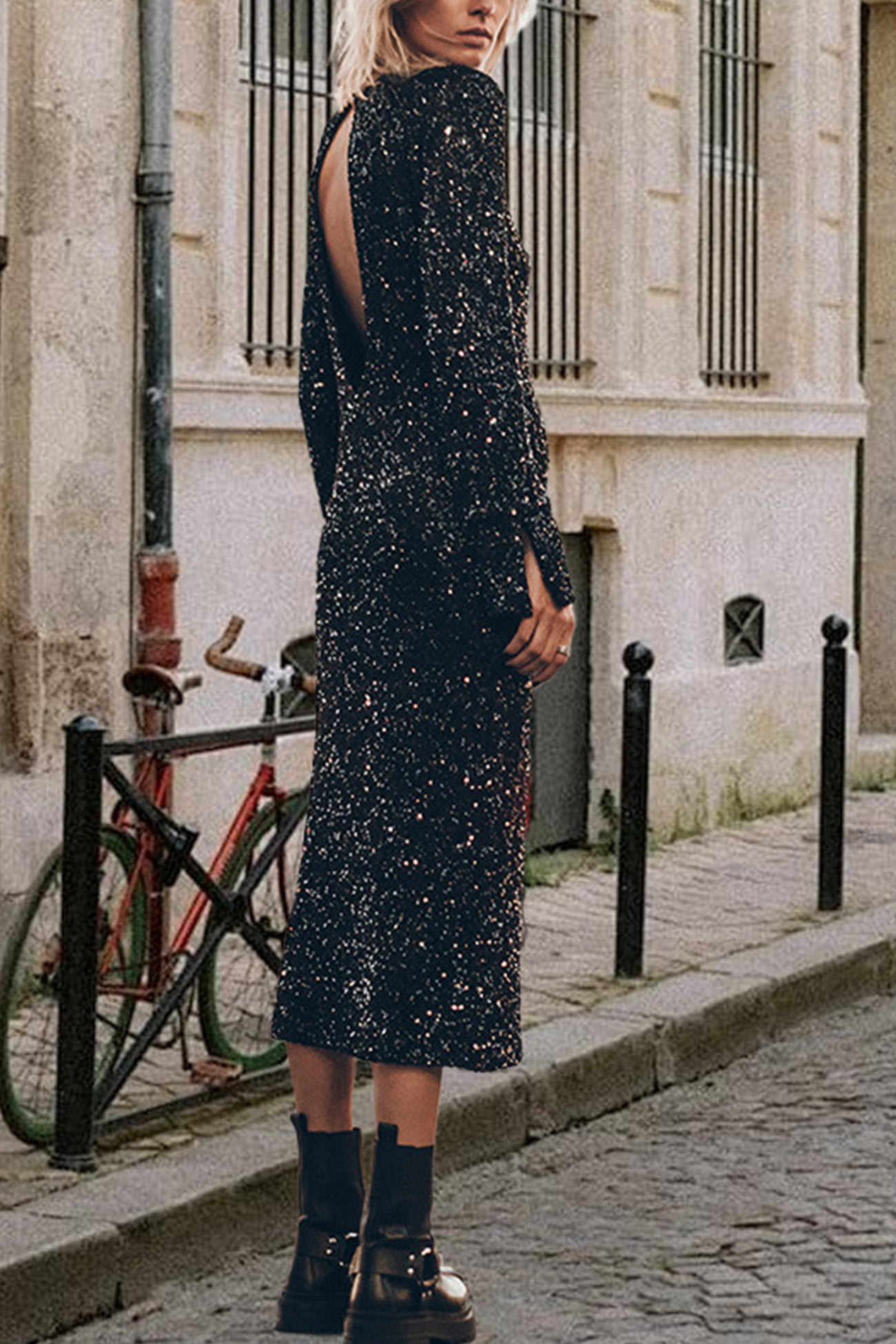 Sequin Long Sleeve Midi Dress