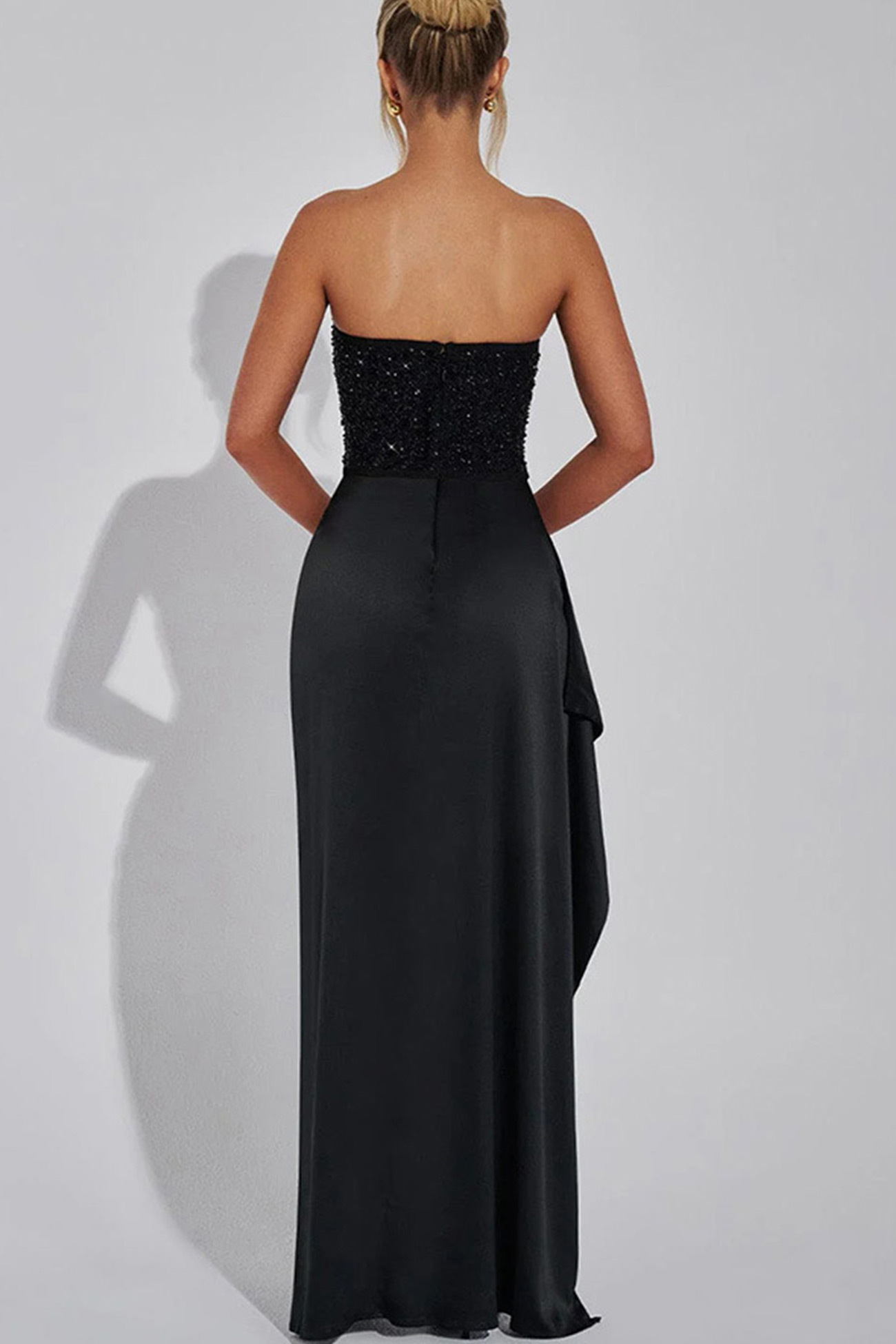 Sequin Patchwork Strapless Ruched Slit Dress