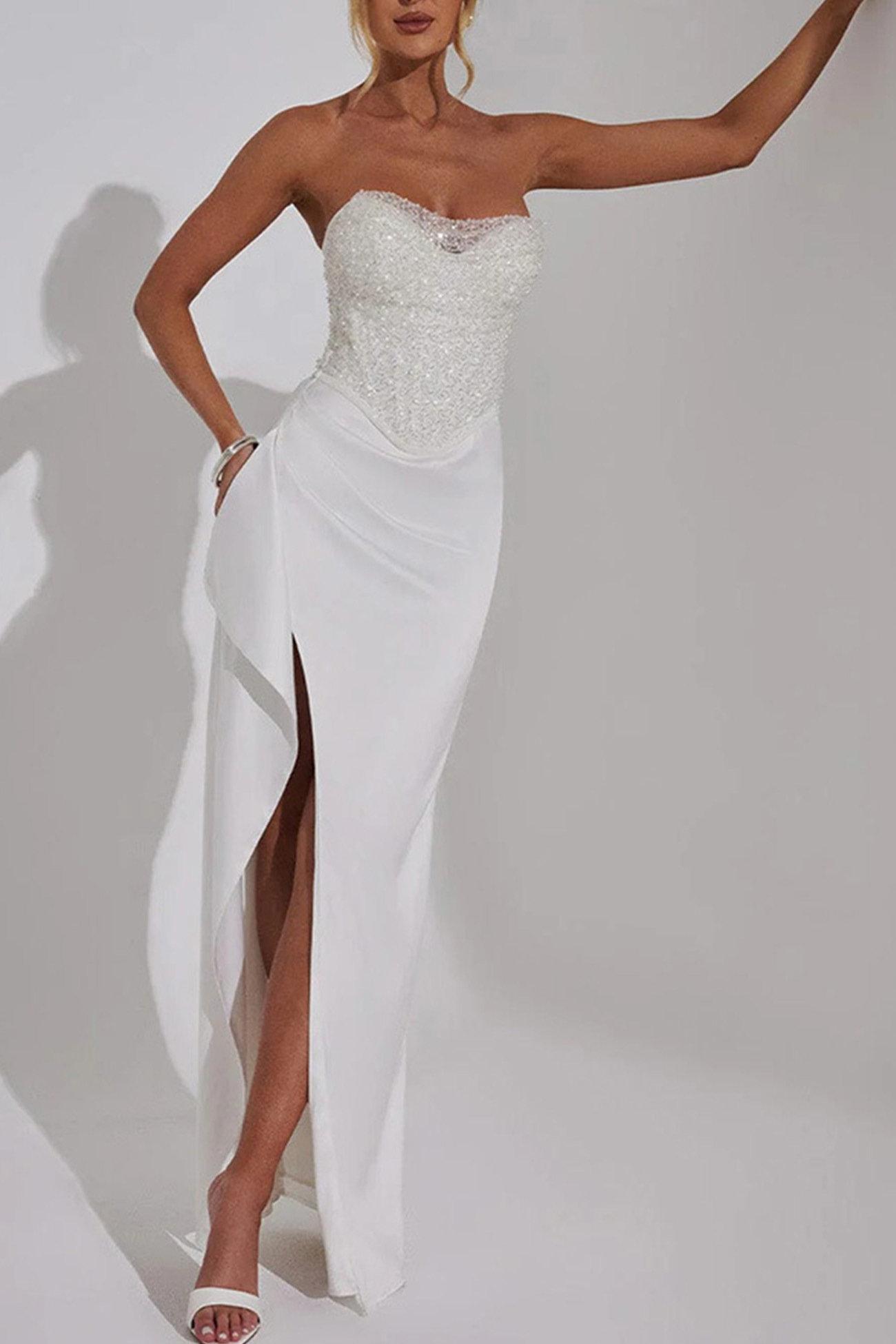 Sequin Patchwork Strapless Ruched Slit Dress