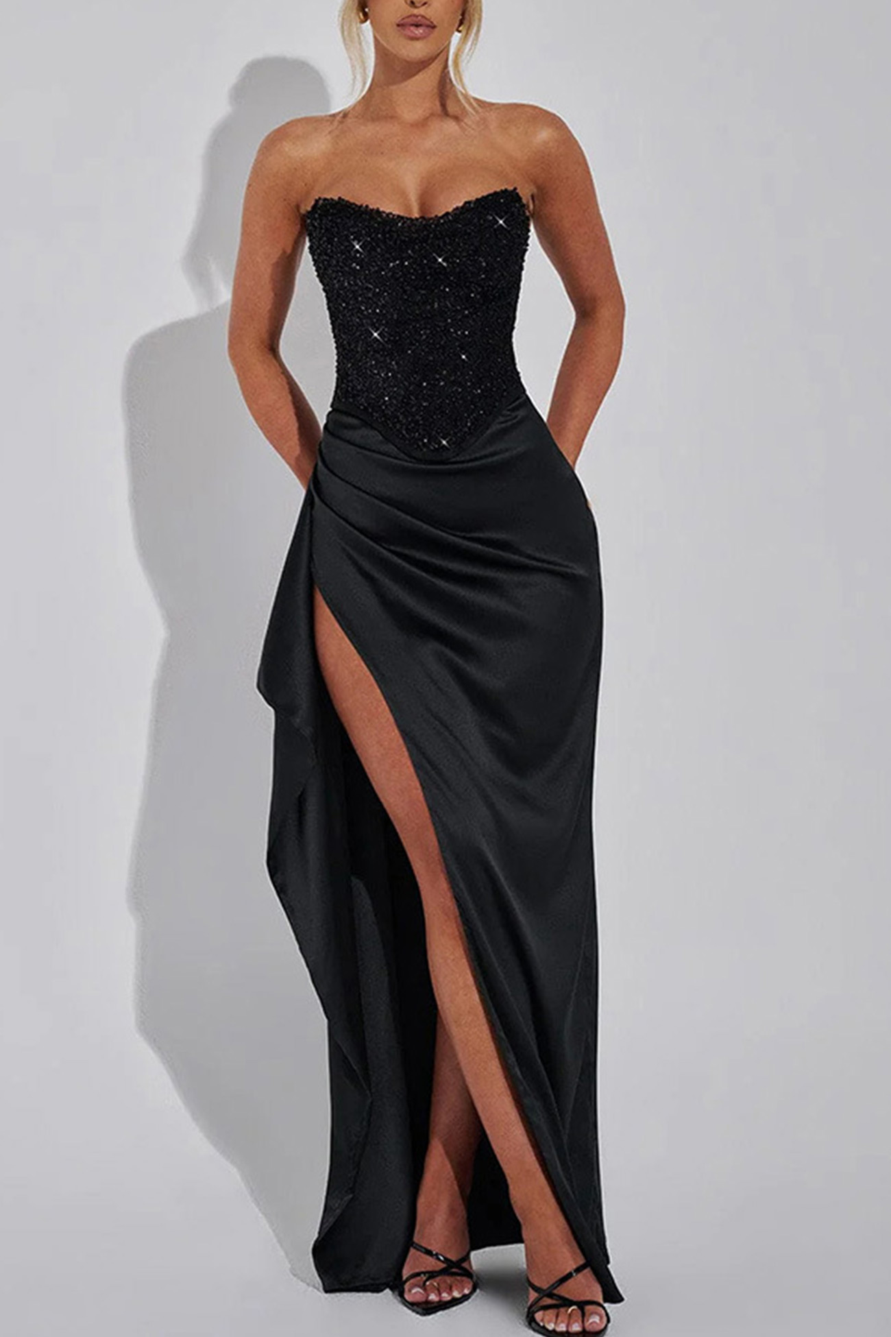 Sequin Patchwork Strapless Ruched Slit Dress