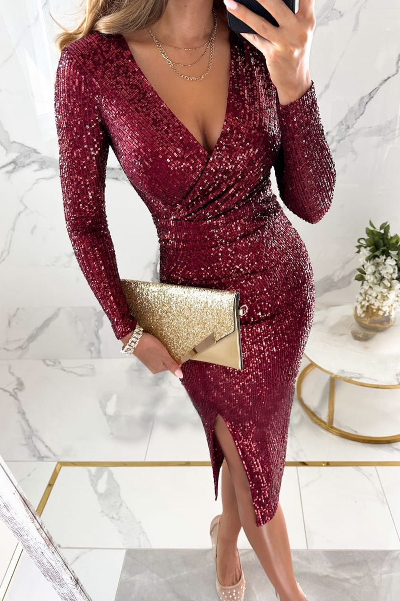 Sequin V Neck Long Sleeve Pack Hip Dress