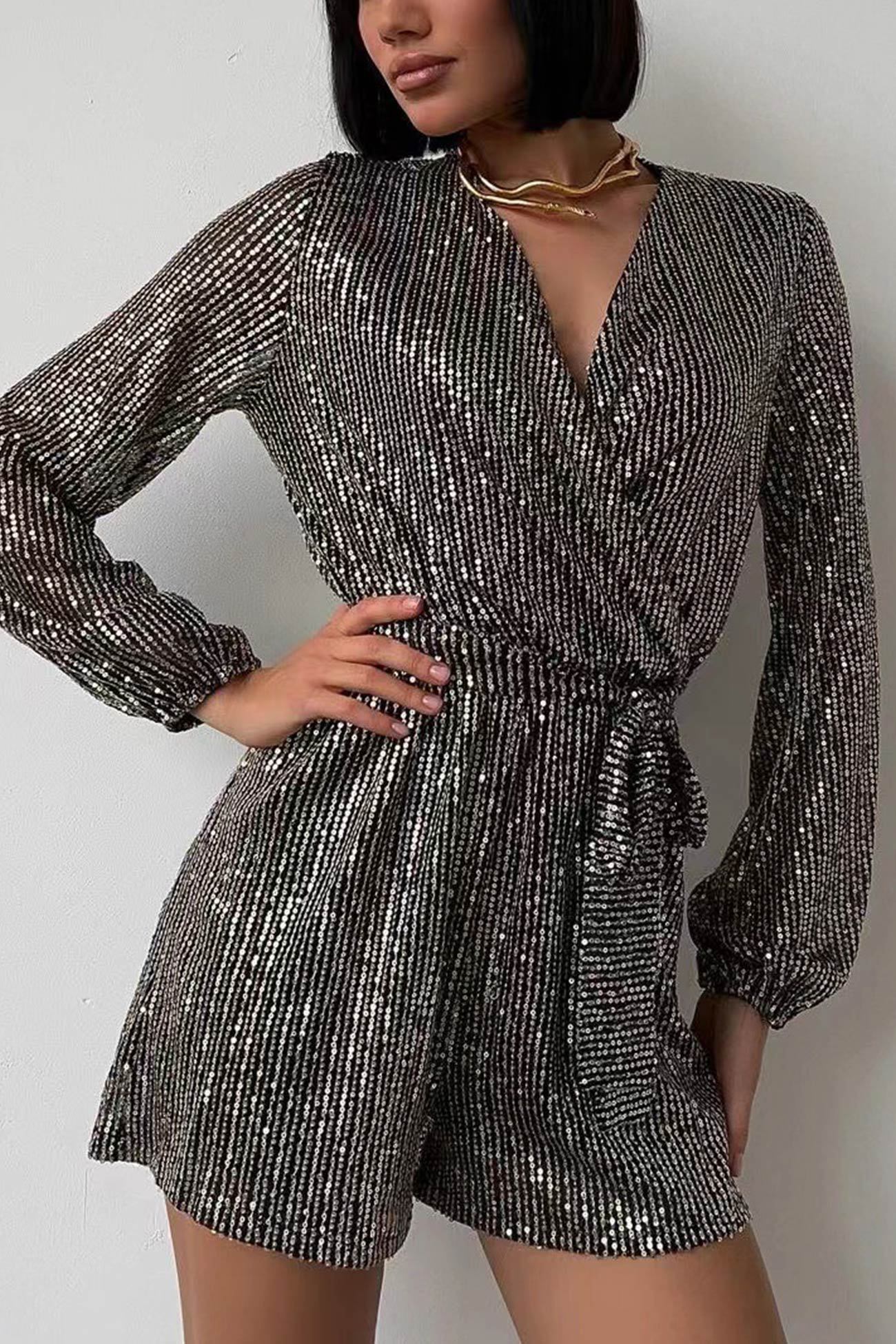 Sequin V Neck Tie-up Rompers