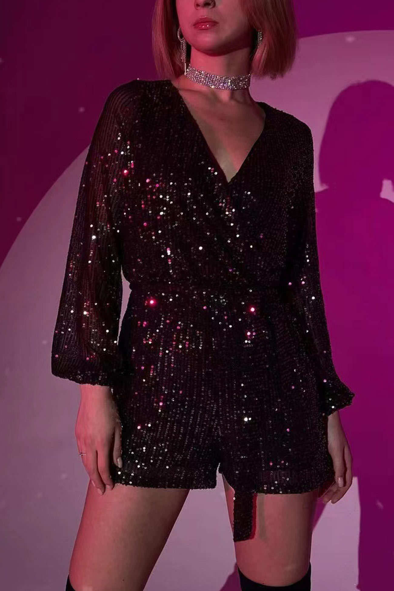 Sequin V Neck Tie-up Rompers