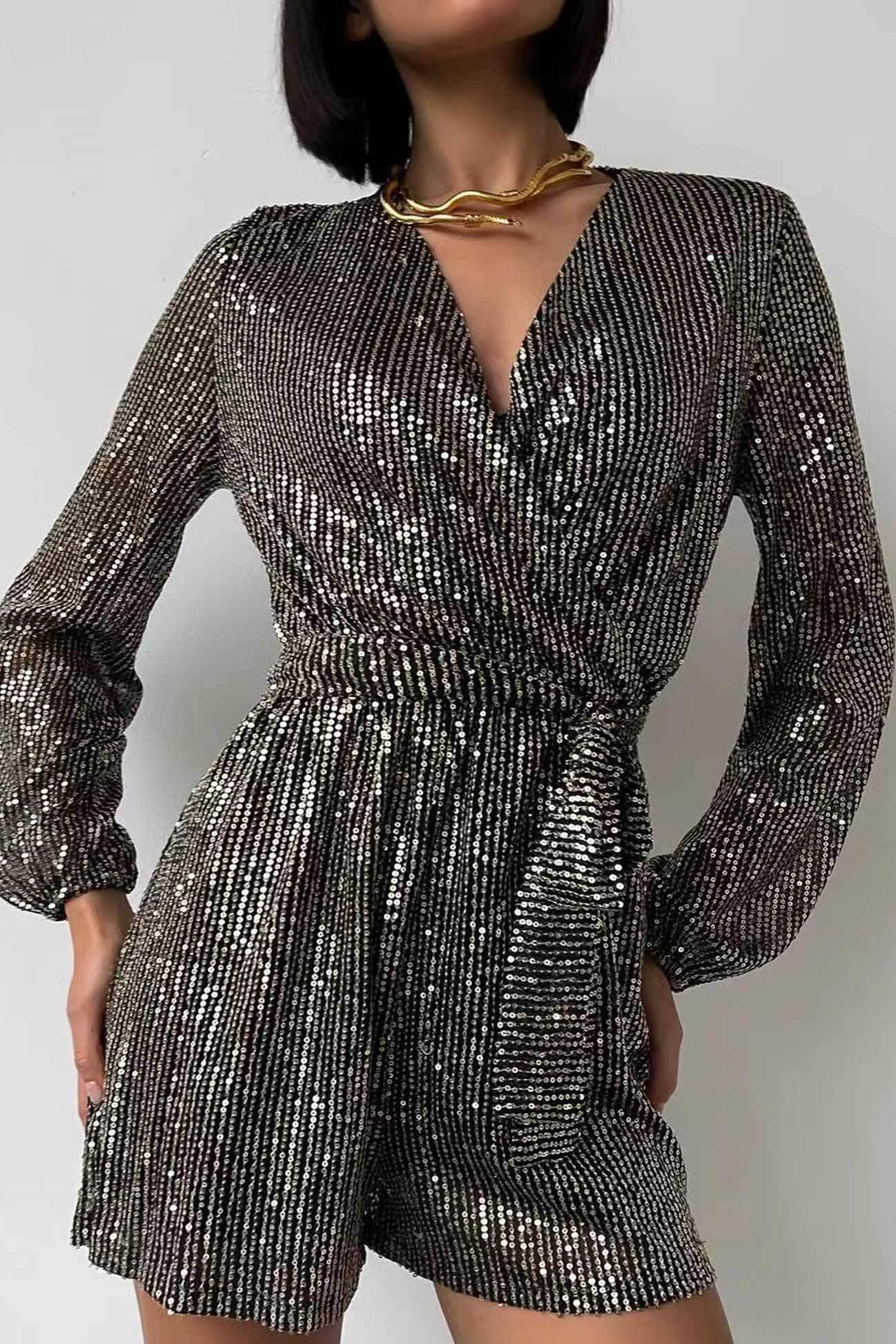 Sequin V Neck Tie-up Rompers