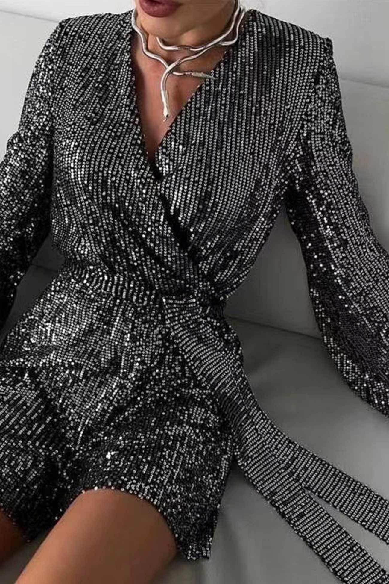 Sequin V Neck Tie-up Rompers