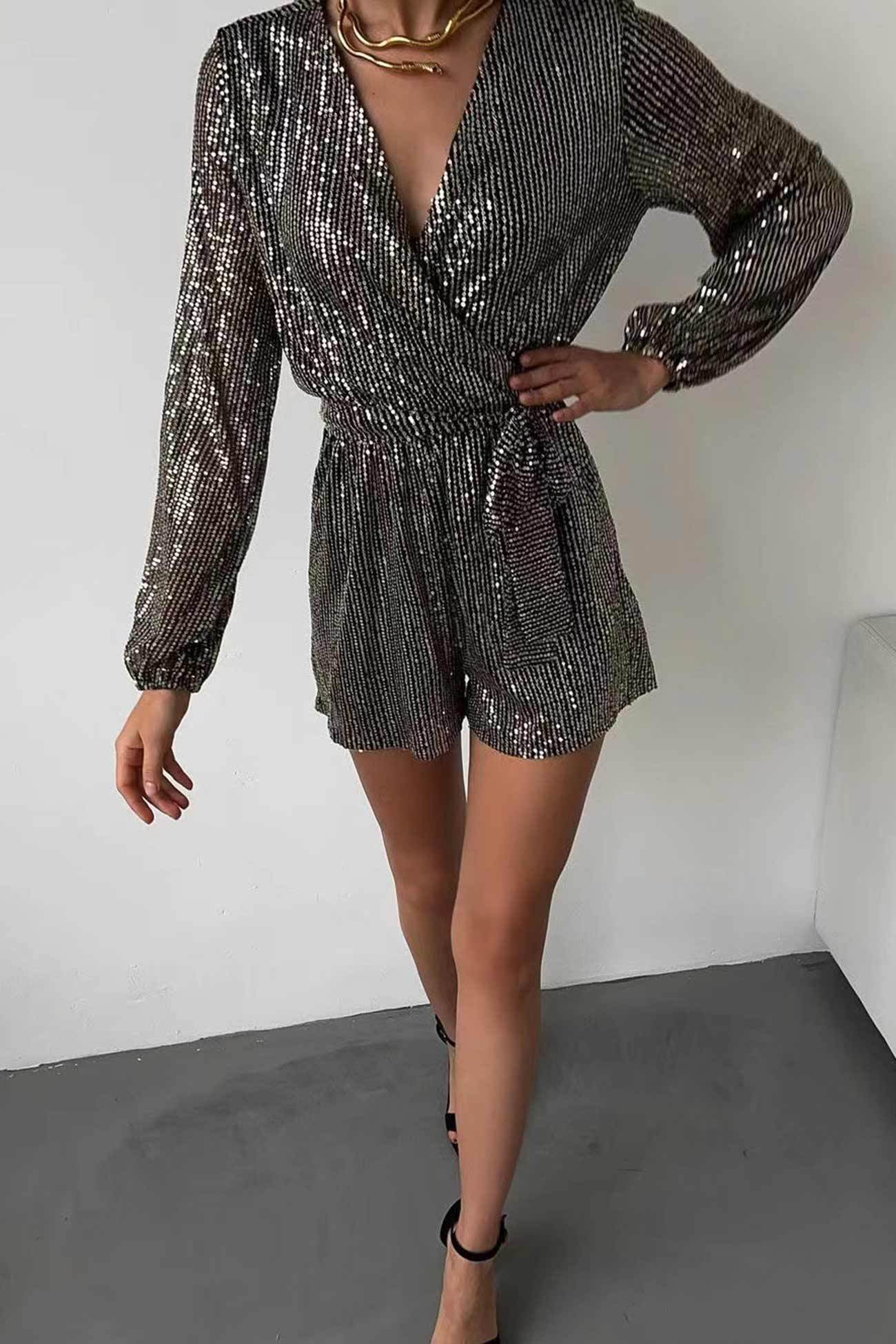 Sequin V Neck Tie-up Rompers