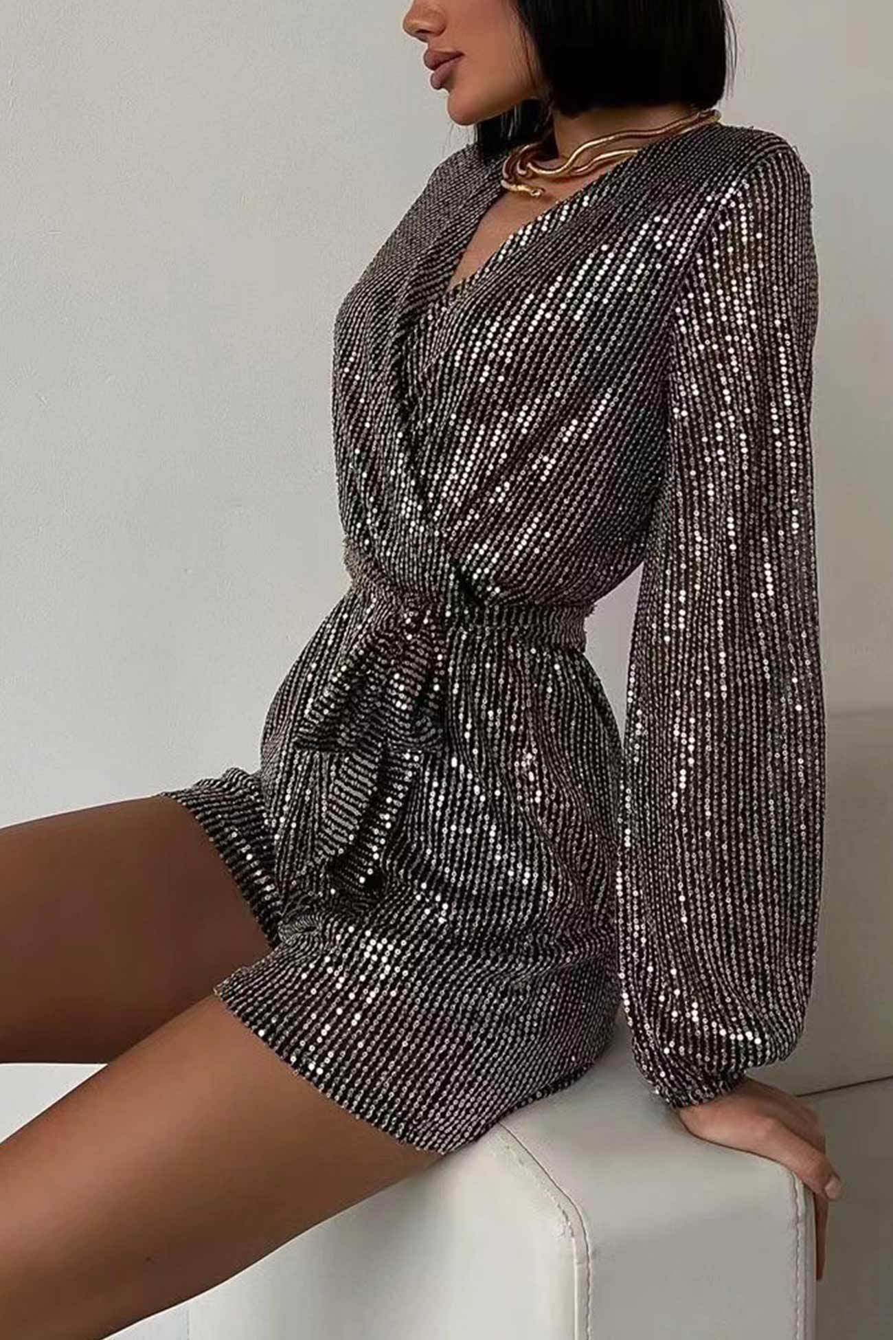 Sequin V Neck Tie-up Rompers