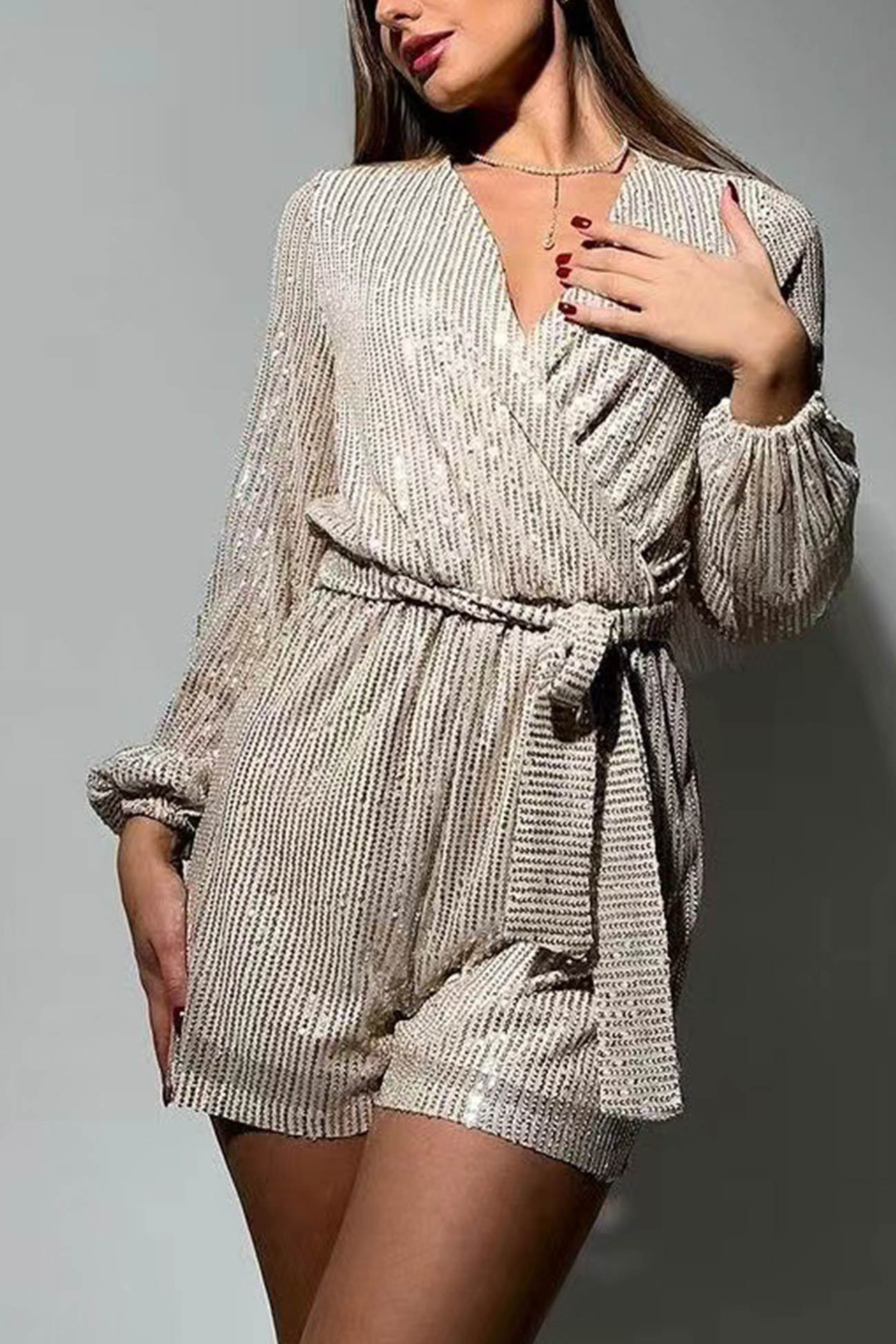 Sequin V Neck Tie-up Rompers