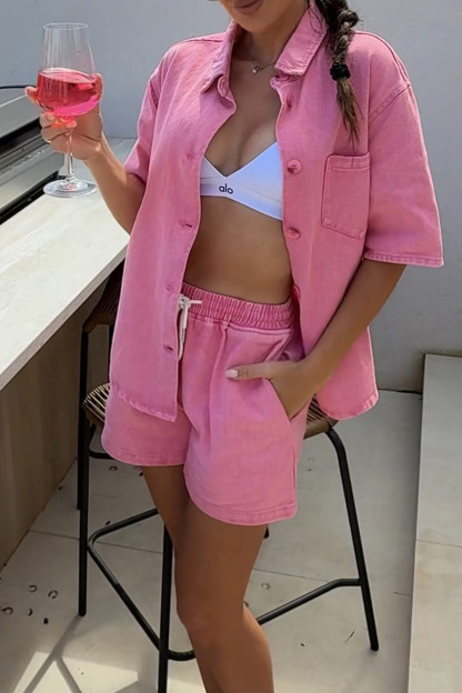 Short Sleeve Denim Shirt Shorts Set