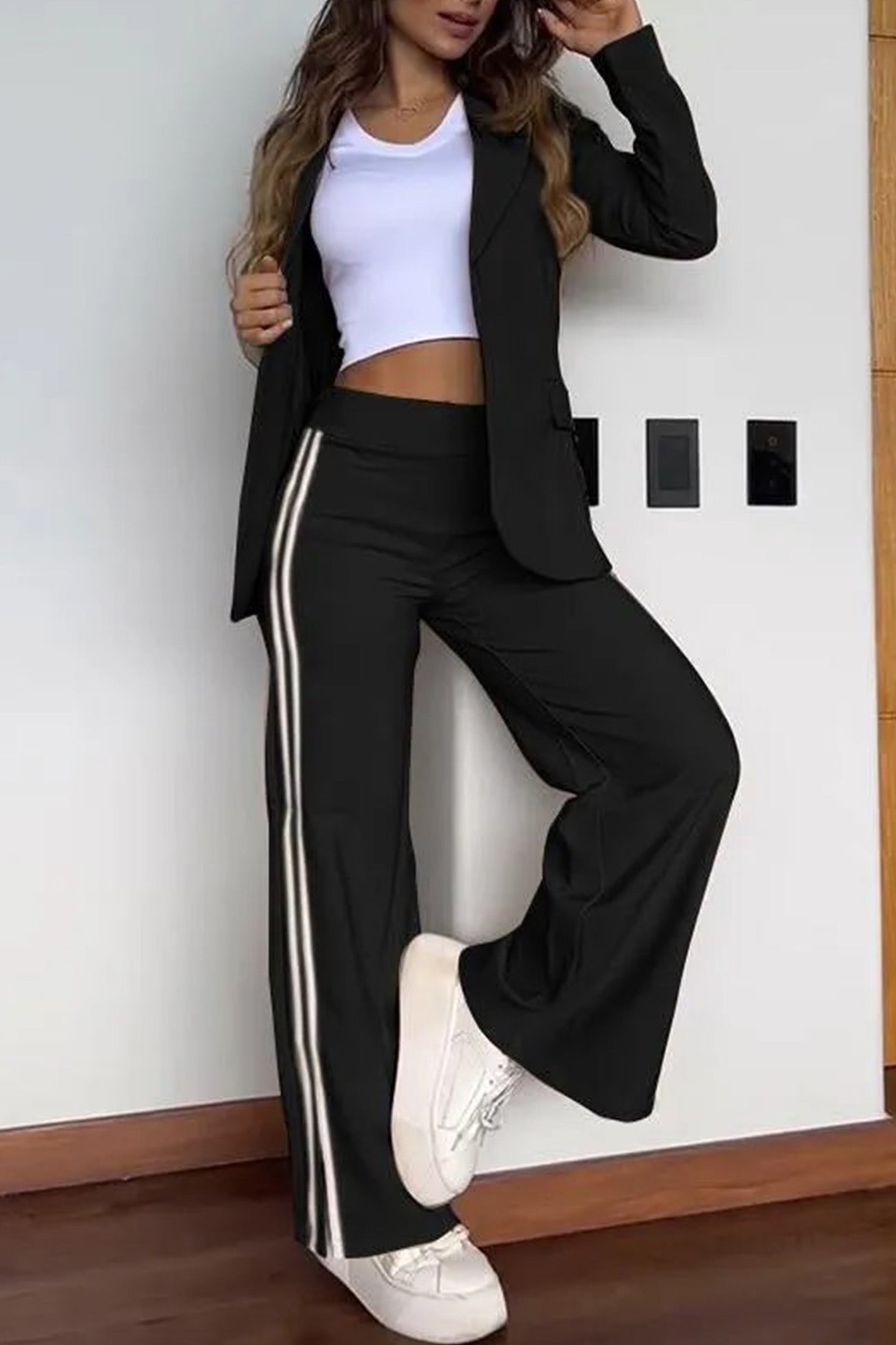 Side Striped Blazer Slit Long Pants Set